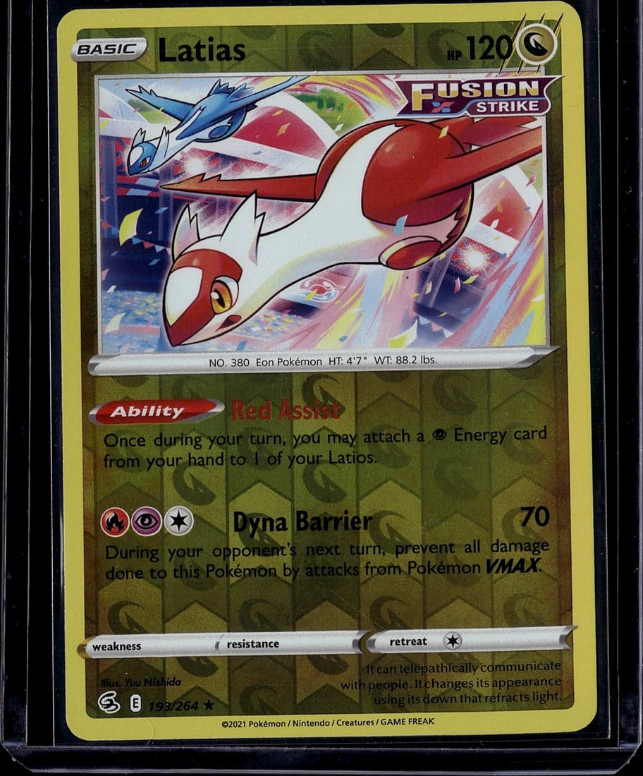 Latias Fusion Strike 159/264 Pokemon Card 2021 NM: This is a raw Latias Pokemon card from the 2021 Fusion Strike set, card number 159/264. Latias is a Basic Psychic-type Pokemon with 120 HP featuring the Fusion Strike mechanic. The card showcases