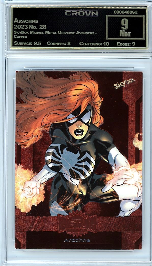 2023 Arachne SkyBox Marvel Metal Universe: The 2023 Arachne SkyBox Marvel Metal Universe Avengers Copper card graded Crown Grade 9.00 represents a premium collectible from one of Marvel's most sought-after modern trading card sets. SkyBox