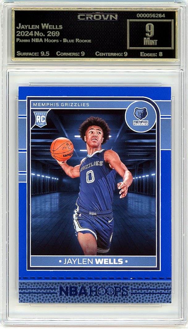 2024 Jaylen Wells Panini NBA Hoops Blue Rookie: This is a 2024 Jaylen Wells rookie card from the Panini NBA Hoops Blue set, card number 269. It features the talented prospect in his official rookie card release, capturing the excitement of a young