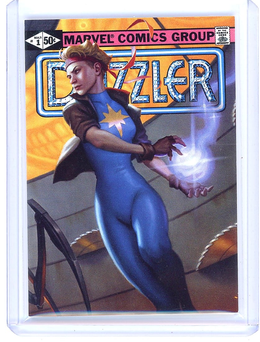 2022 Upper Deck Marvel Masterpieces #18 Dazzler: This is card #18 from the Marvel Masterpieces trading card series featuring Dazzler, the mutant Marvel superhero whose real name is Alison Blaire. The front of the card showcases a modern painted-styl