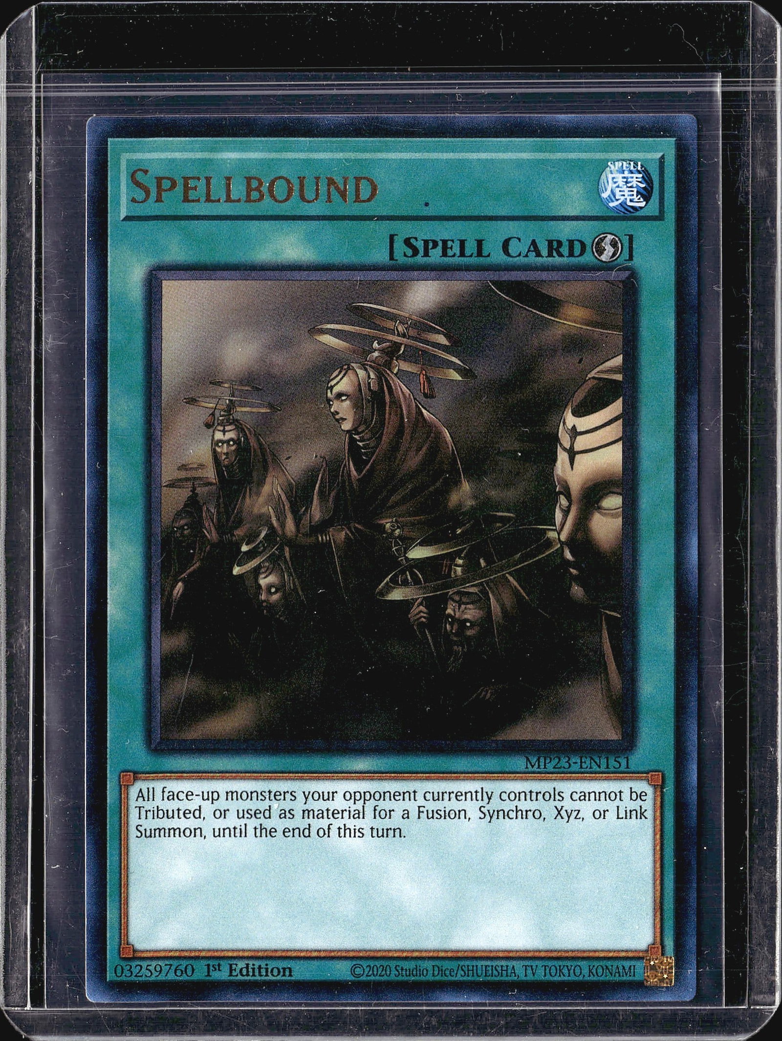 2023 Konami Yu-Gi-Oh Spellbound MP23-EN151 1st: This listing features Spellbound, a Normal Spell Card from the Yu-Gi-Oh! Trading Card Game, set number MP23-EN151 from the 2023 25th Anniversary Tin: Dueling Heroes. The card bears a 1st Edition
