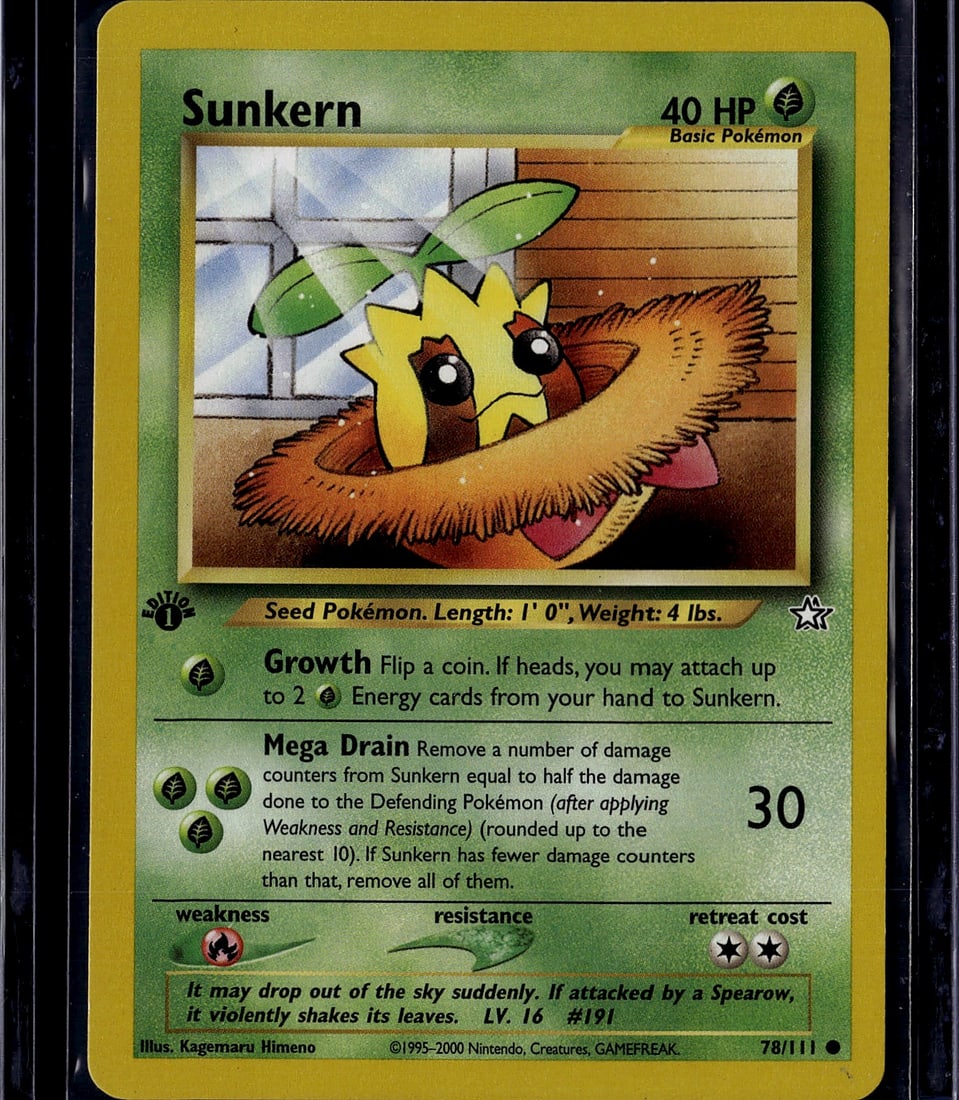 2000 Pokemon Neo Genesis Sunkern Card #78 Very: This is an ungraded Sunkern Pokemon trading card from the Base Set, printed in 2000 by The Pokemon Company and illustrated by Kagemaru Himeno. The card features card number 78/111 and depicts the