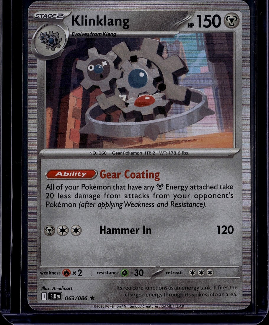 2025 Klinklang 063/086 Scarlet Violet Black Bolt: Klinklang is a Metal-type Stage 2 Pokemon card with 150 HP from the Scarlet & Violet-Black Bolt expansion, released July 18, 2025. It features the Ability 'Gear Coating' and the attack 'Hammer In'