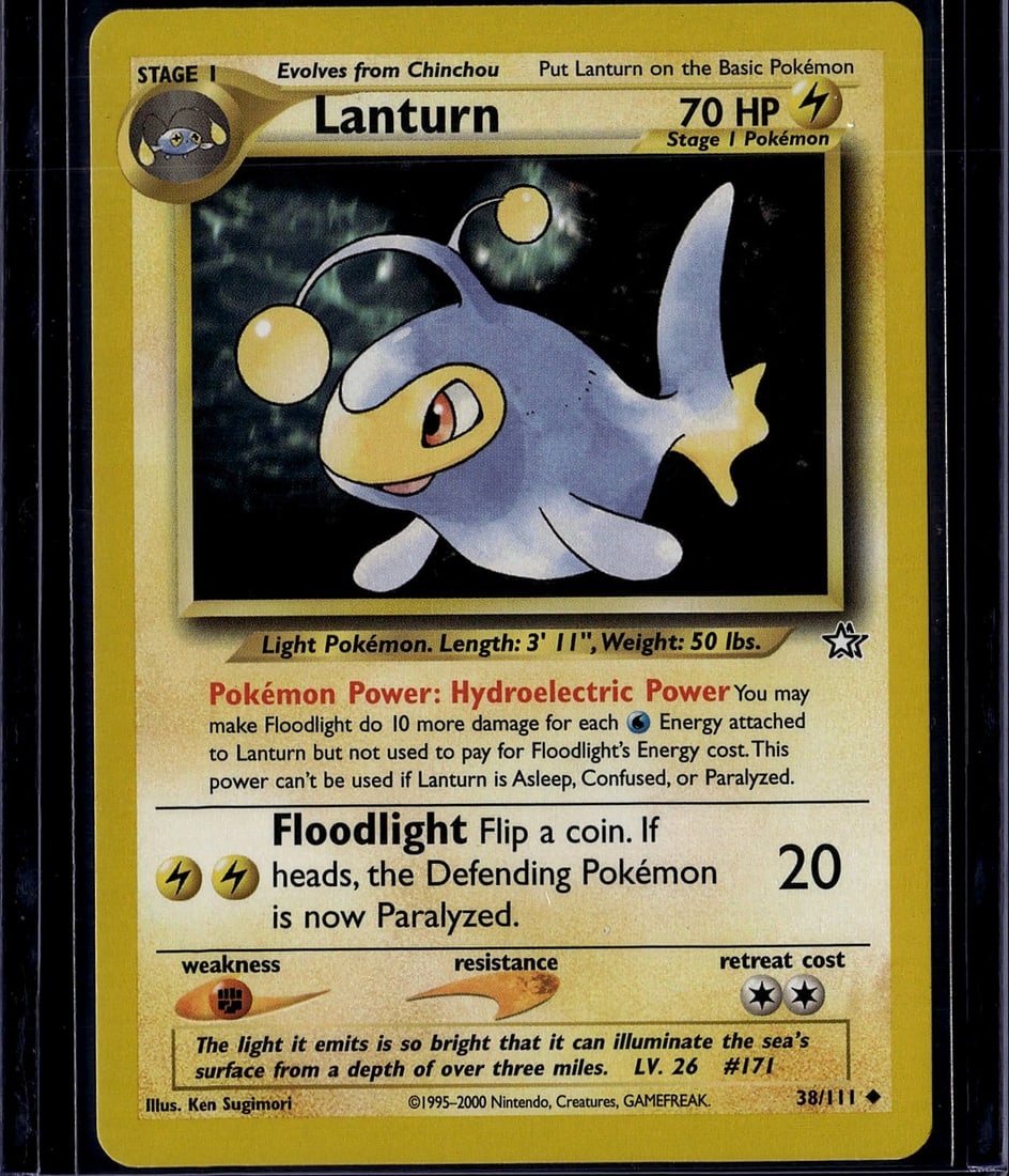 Lanturn Pokemon Card 38/111 Base Set 2000 Light: This is an original Lanturn Pokemon Trading Card from the Base Set era, printed circa 2000. Card #171 features Lanturn, a Stage 1 Electric/Water-type Pokemon that evolves from Chinchou. The card