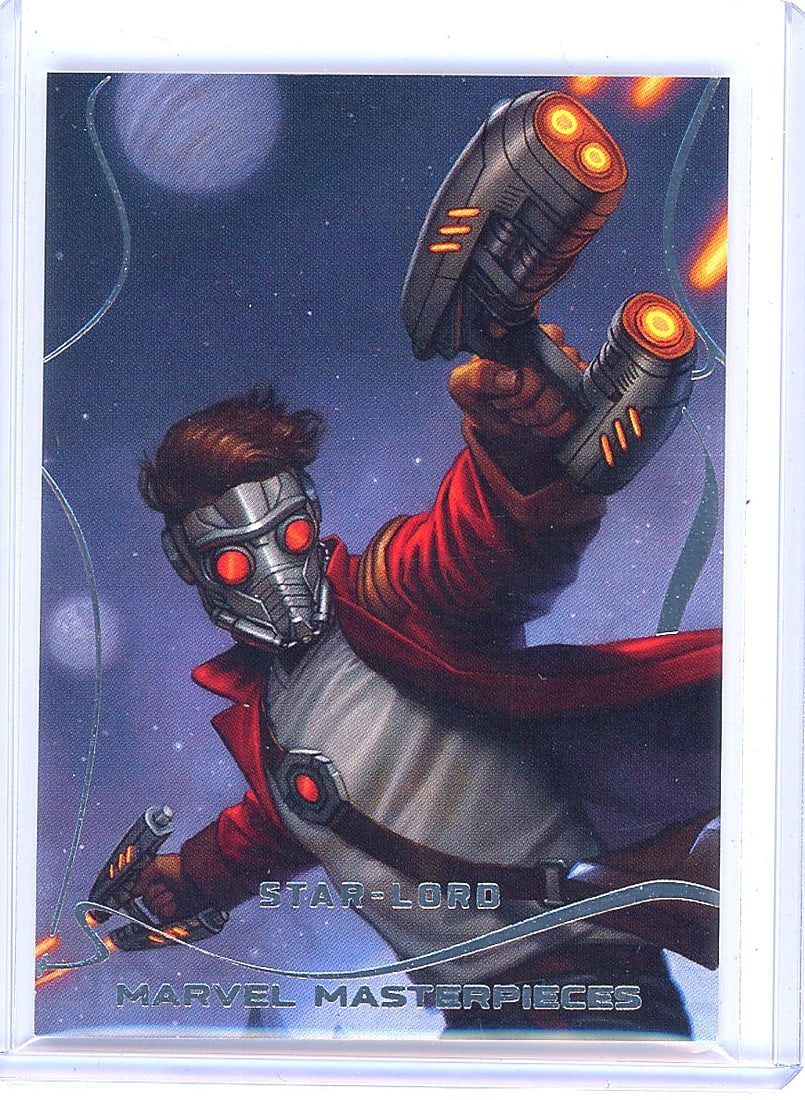 2022 Marvel Masterpieces Star-Lord #56 SkyBox: This is card #56 from the 2022 Marvel Masterpieces set, produced by Upper Deck under the SkyBox brand. The card features Star-Lord (Peter Quill) of the Guardians of the Galaxy, depicted in a dynamic a