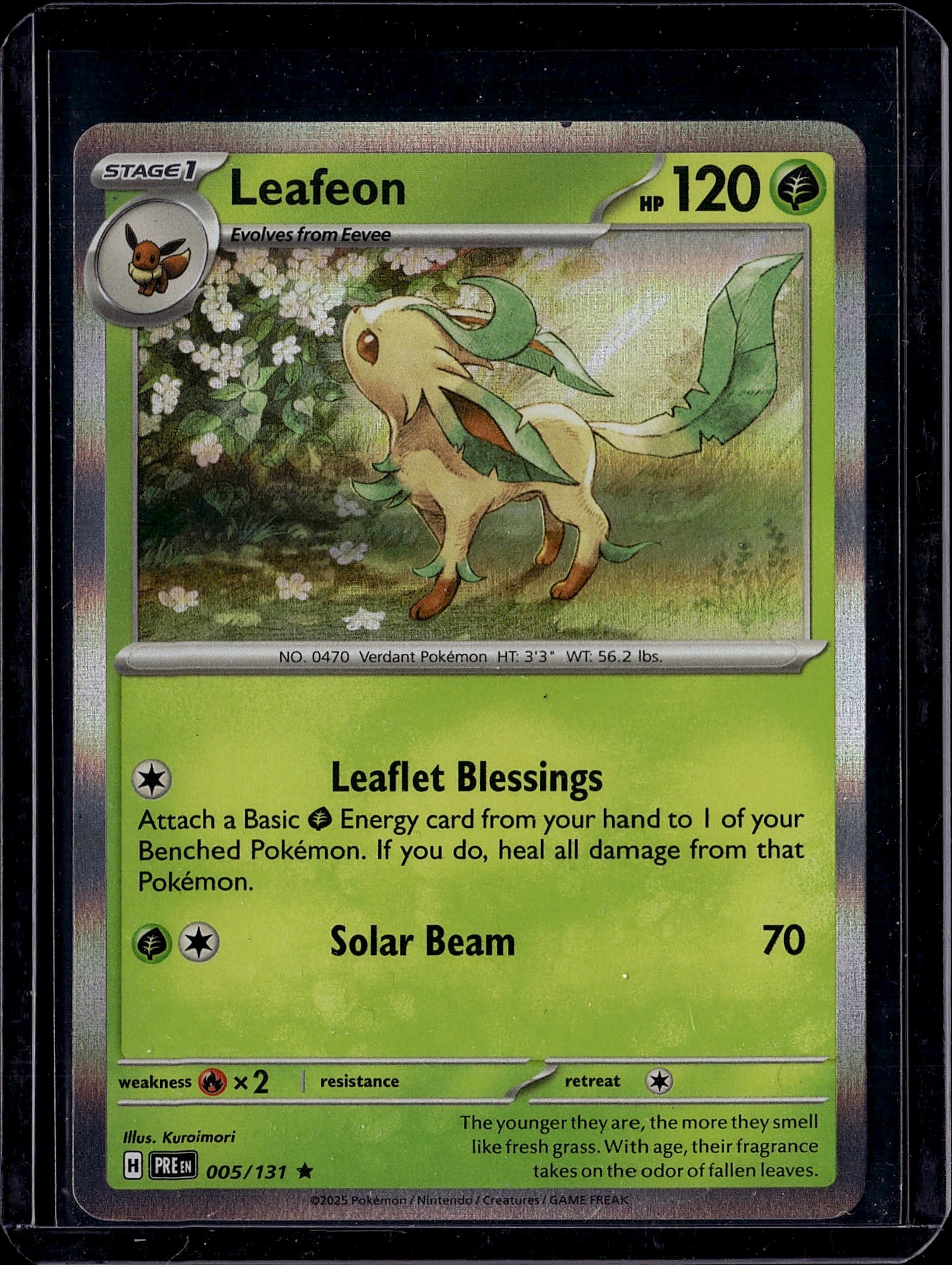 Leafeon 005/131 Scarlet & Violet Pokemon Card: This is a Leafeon Pokemon trading card from the Scarlet & Violet set, card number 005/131. Leafeon is a Stage 1 Grass-type Pokemon that evolves from Eevee, featuring 120 HP. The card showcases