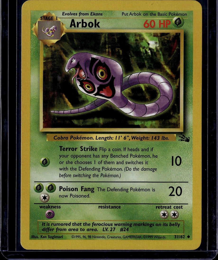1999 Pokemon Base Set Arbok #31/62 Stage 1 Cobra: This is an authentic 1999 Pokemon Trading Card Game card featuring Arbok, the Stage 1 Evolution of Ekans from the iconic Base Set. The card displays the classic artwork by Ken Sugimori, showcasing