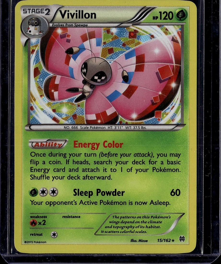 Vivillon 15/162 XY Pokemon Card Single 2015: This is a raw Vivillon Pokemon trading card from the XY set, card number 15/162, published by Pokemon in 2015. Vivillon is a Stage 2 Scale Pokemon that evolves from Spewpa, featuring 120 HP and a