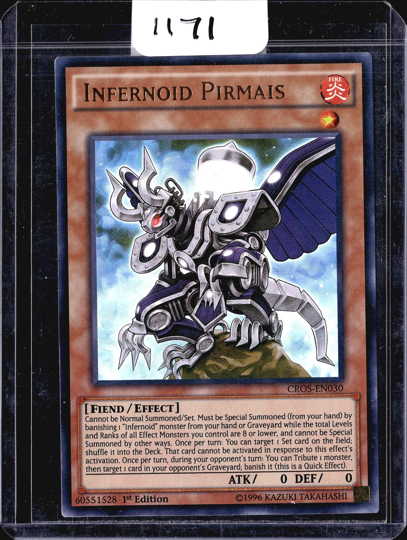 2020 Konami Yu-Gi-Oh Crossed Souls Infernoid: This is a 2020 Konami Yu-Gi-Oh trading card from the Crossed Souls set, card number CROS-EN030, featuring Infernoid Pirmais. The card is offered in raw condition with no professional grading applied.