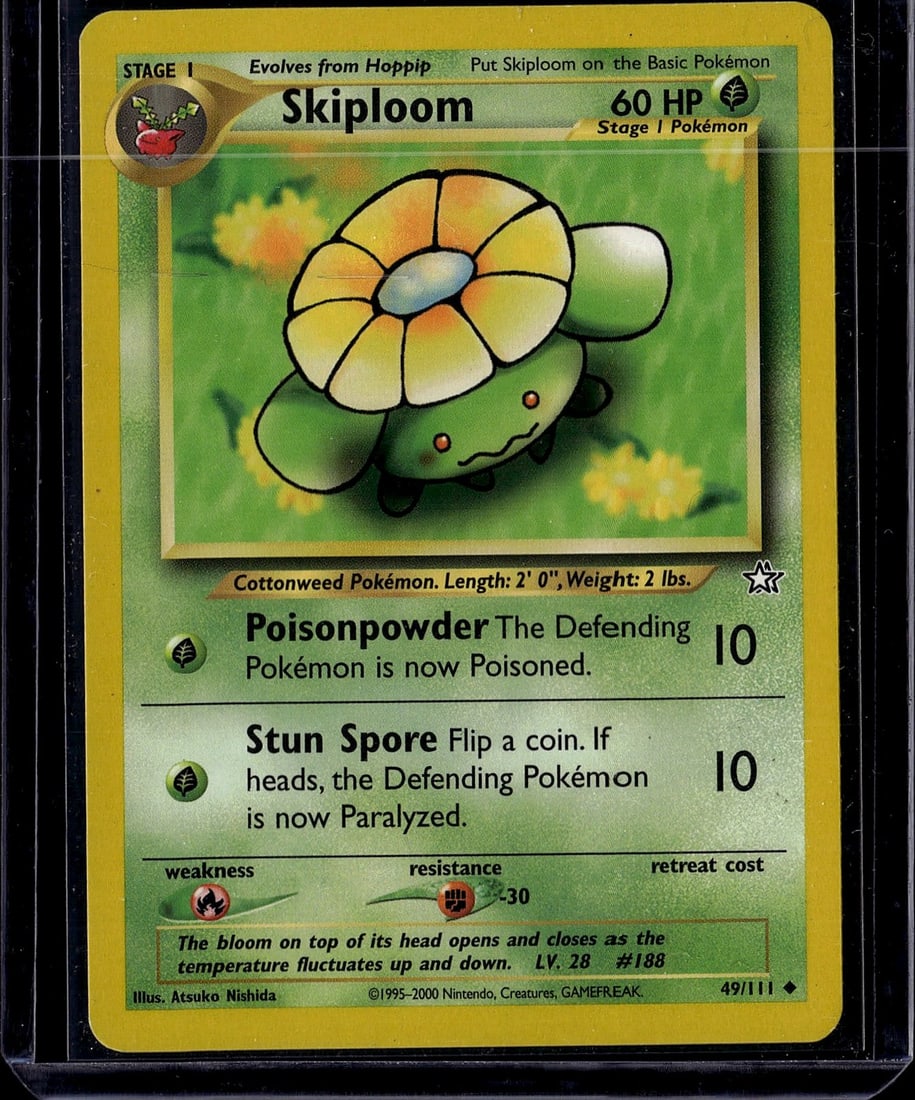 Skiploom 49/111 Base Set Pokemon Card 2000: This is an authentic Skiploom Pokemon Trading Card from the Base Set, released in 2000 by The Pokemon Company. Card number 49/111, this Stage 1 Grass-type evolution card features the iconic