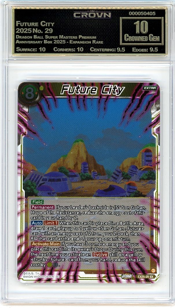 2025 Dragon Ball Super Masters Future City #29: This is a 2025 Dragon Ball Super Masters Premium Anniversary Box Expansion Rare card featuring Future City, card number 29. It represents a premium release from the Dragon Ball Super Masters line, par