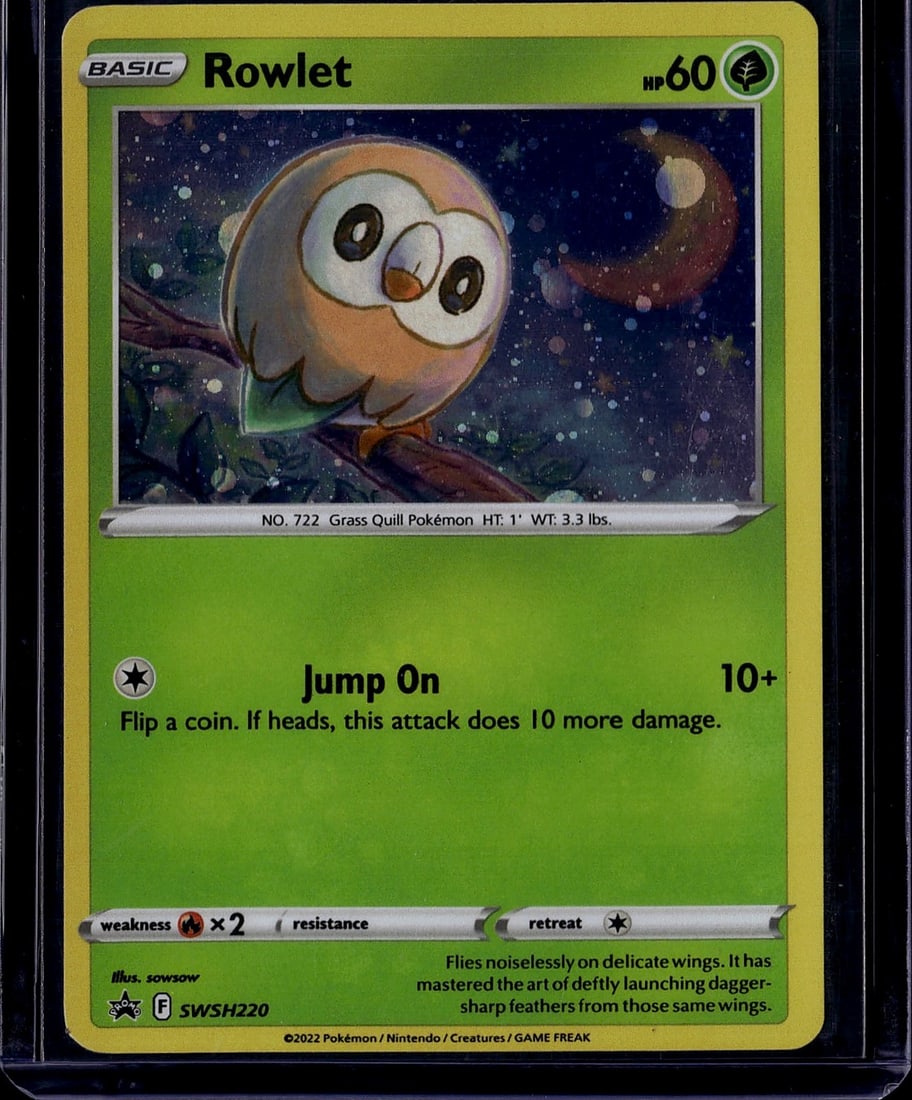 2022 Pokemon McDonald's Collection Rowlet: Rowlet is a Basic Grass-type Pokemon card (#002/015) from the McDonald's Collection 2022 promotional set, released August 3, 2022, as part of the Sword & Shield era. It features the Grass Quill