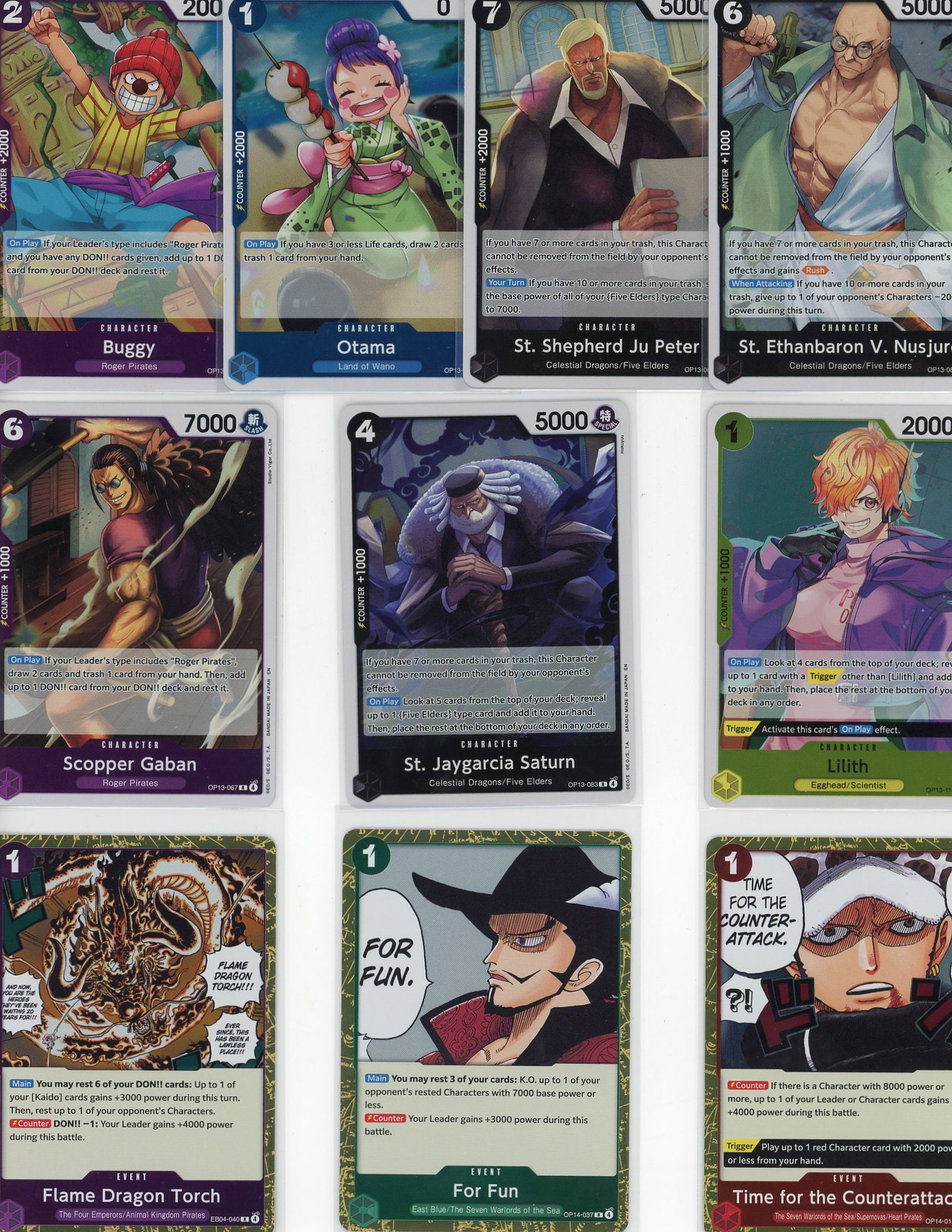 Lot of 10 One Piece Foil Trading Cards - Bandai: This lot includes 10 One Piece foil trading cards from the Bandai One Piece Trading Card Game. The collection features a mix of character and event cards with varying power levels, including notable c