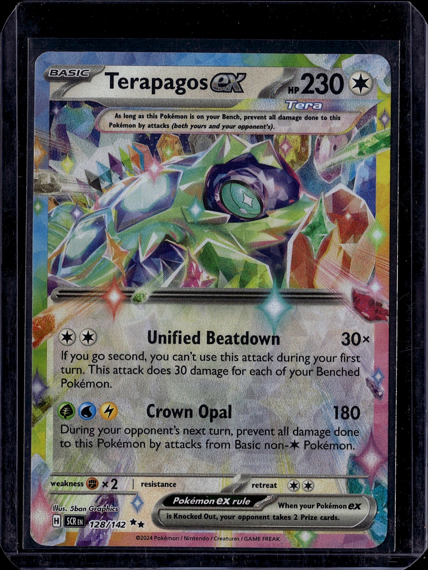 Terapagos EX 128/142 Scarlet & Violet Pokemon: This is a raw Terapagos EX Pokemon trading card from the Scarlet & Violet set, card number 128/142. The card features the Tera-type Pokemon with 230 HP and showcases impressive artwork by 5ban