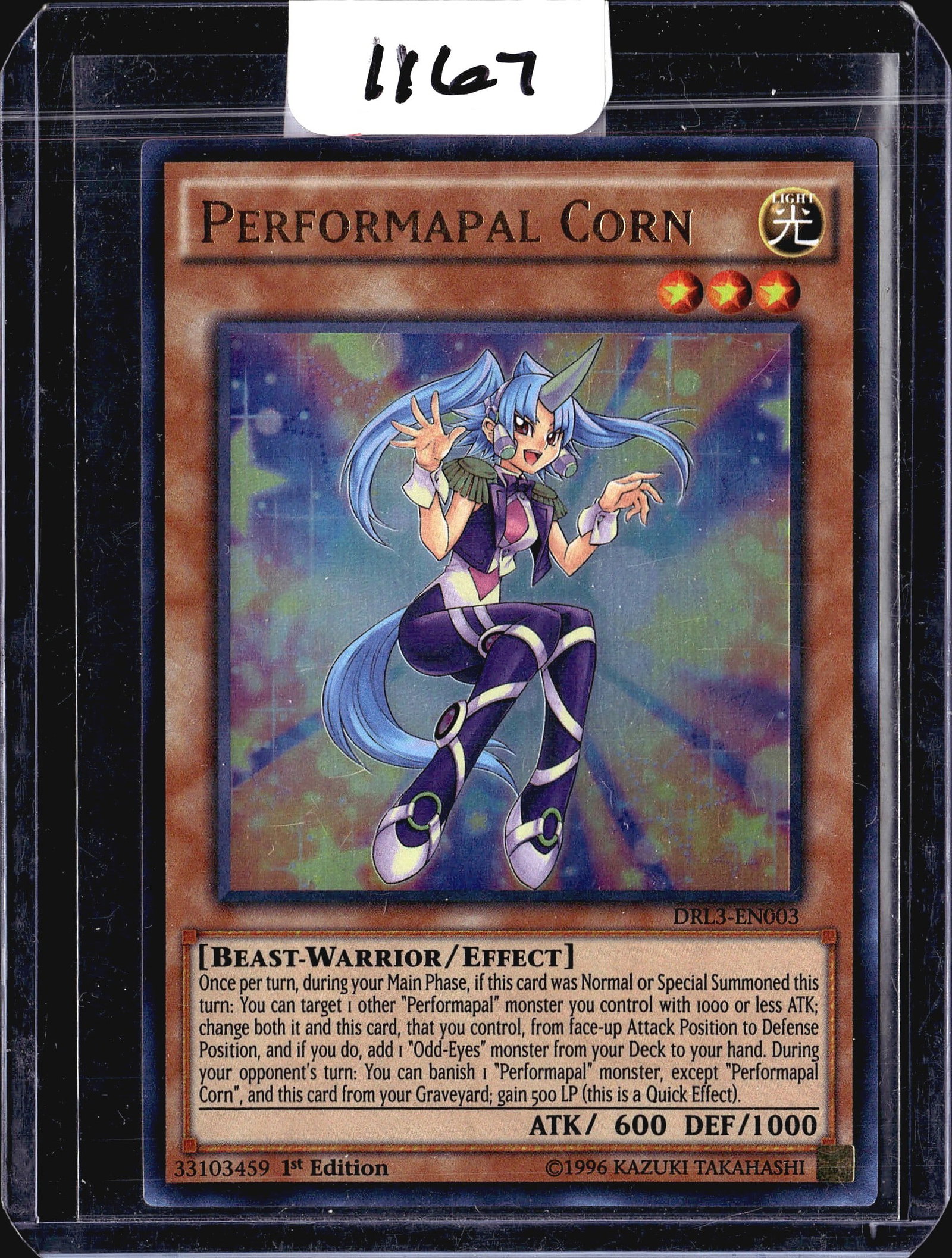 Performapal Corn DRL3-EN003 2020 Konami Yu-Gi-Oh: This is a Performapal Corn card from the 2020 Konami Yu-Gi-Oh trading card game set Dragons of Legend: Unleashed, card number DRL3-EN003. The card is offered in raw condition without professional