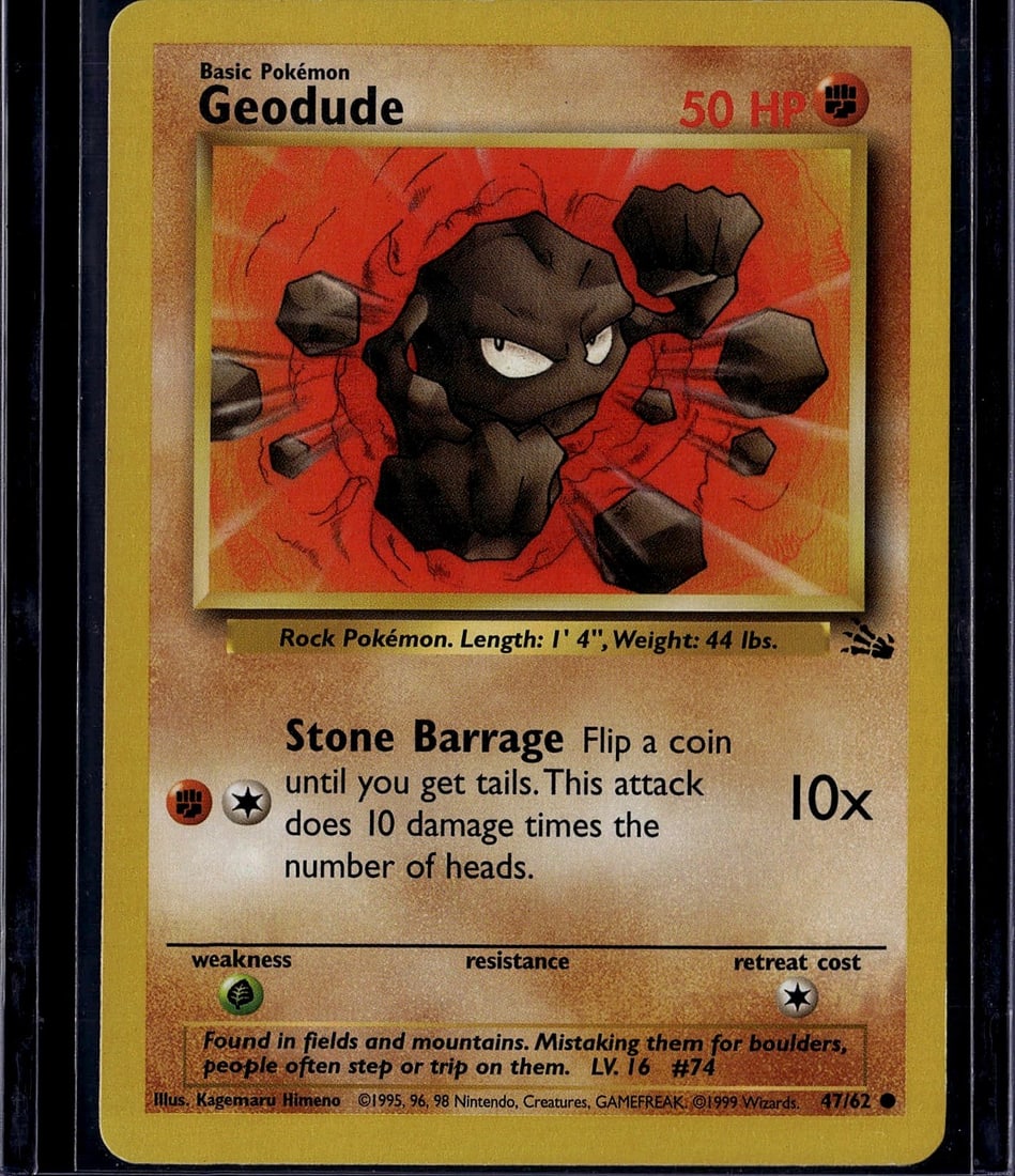 1999 Pokemon Base Set Geodude 47/62 Rock Type: This is an authentic 1999 Pokemon Base Set Geodude card (#47/62), featuring the iconic Rock Pokemon in raw ungraded condition. Geodude is a Basic Pokemon with 50 HP and the signature attack Stone Barr