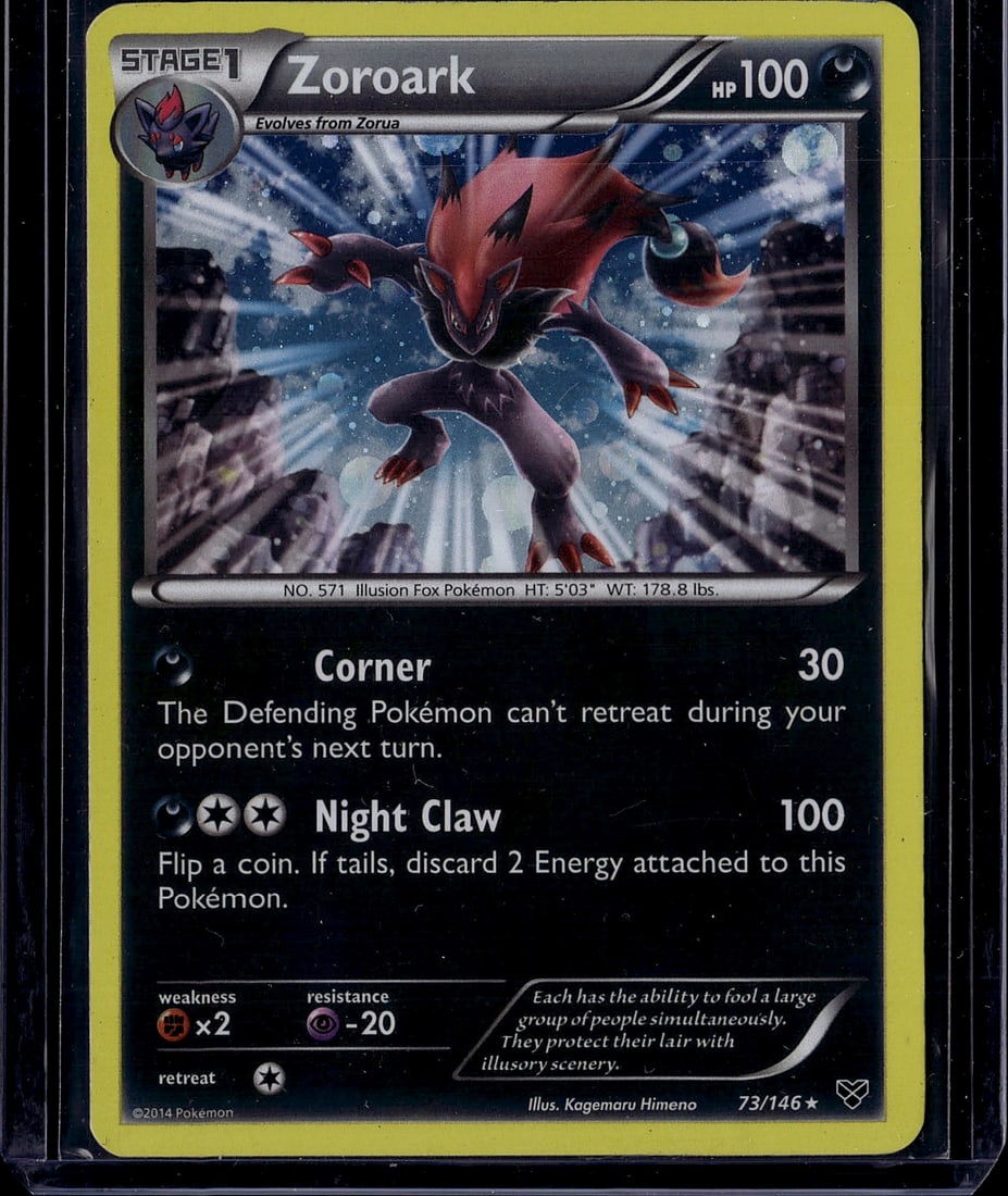 2014 Pokemon Zoroark 73/146 Phantom Forces Stage: This is a raw 2014 Pokemon Zoroark single card from the Phantom Forces set, card number 73/146. Zoroark is a Stage 1 Illusion Fox Pokemon that evolves from Zorua, featuring 100 HP and dynamic artwork 