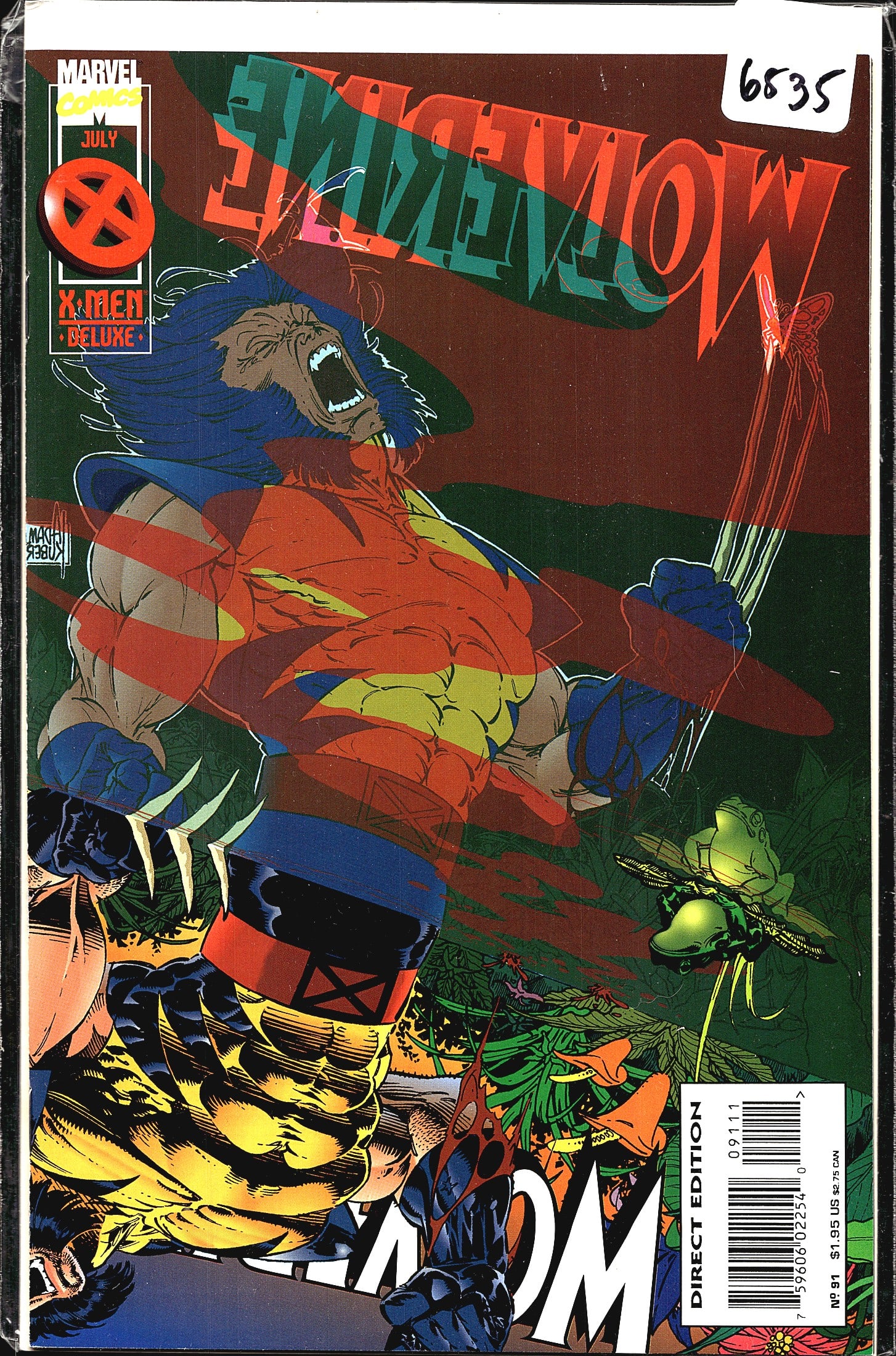 1997 Marvel Comics Wolverine #91 Comic Book: This is Wolverine #91 published by Marvel Comics, dated July 1995, as part of the X-Men Deluxe line. The cover is a Direct Edition and features a dramatic action scene of Wolverine with claws extended