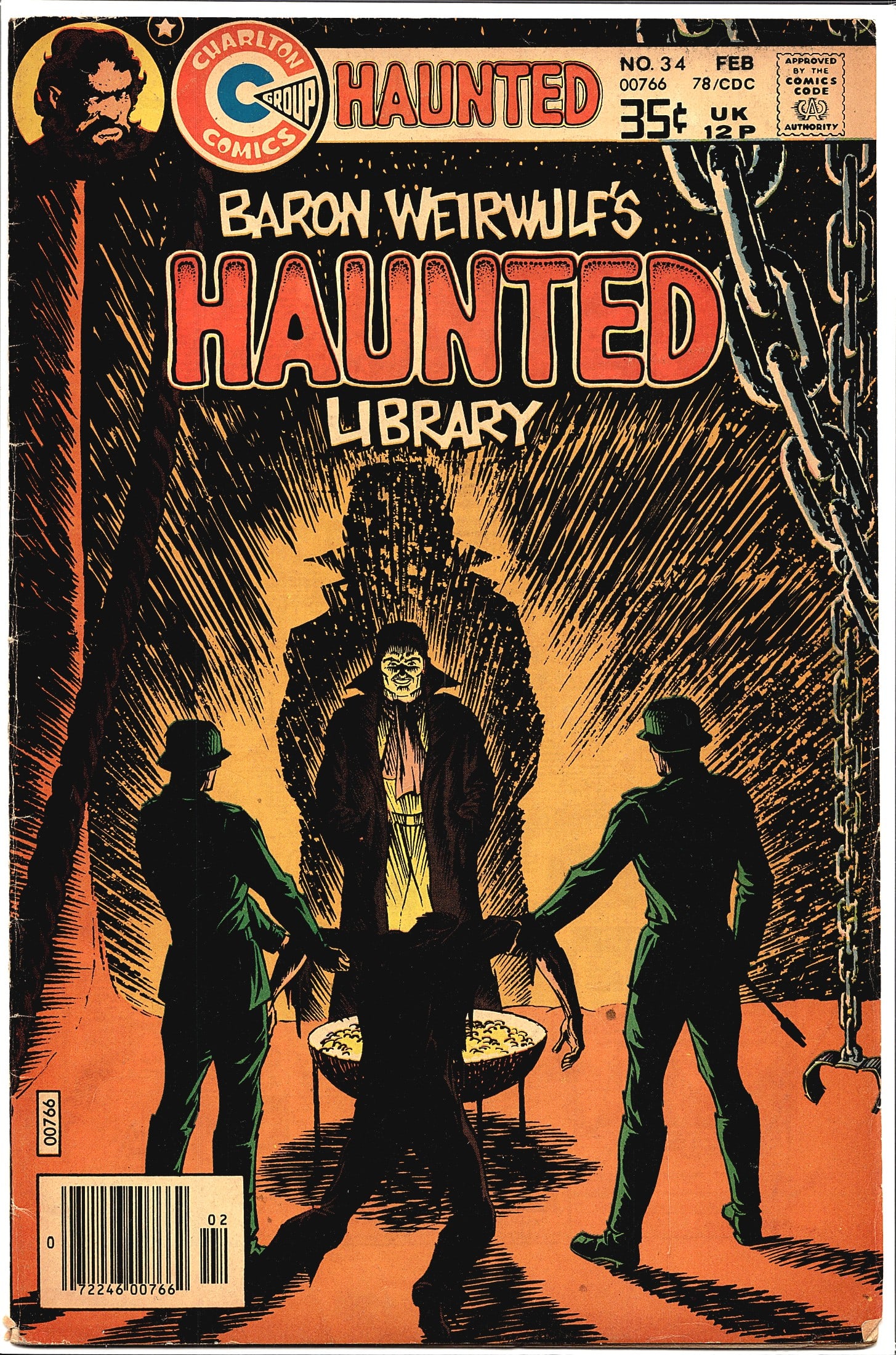 1978 Charlton Comics Haunted Baron Weirwulf's: This is issue #34 of Charlton Comics' Haunted, subtitled Baron Weirwulf's Haunted Library, cover-dated February 1978. Published under the Comics Code Authority seal, this horror anthology title featur