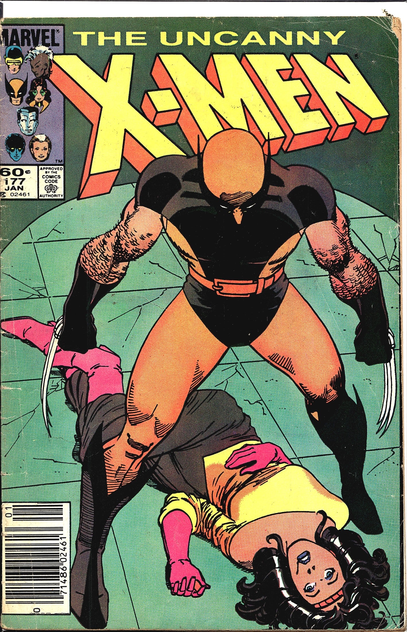 1984 Marvel The Uncanny X-Men #177 Comic Book: Uncanny X-Men #177, published by Marvel Comics, dated January 1984, priced at 60 cents on the cover. This issue features a striking cover depicting Wolverine looming over a downed female character, re