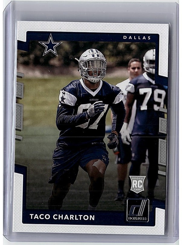 2017 Panini Donruss Taco Charlton RC #362: This 2018 Upper Deck Rookie Premiere card features Taco Charlton, the first-round pick by the Dallas Cowboys in the 2018 NFL Draft. The card showcases Charlton in his Cowboys uniform with a clean whit