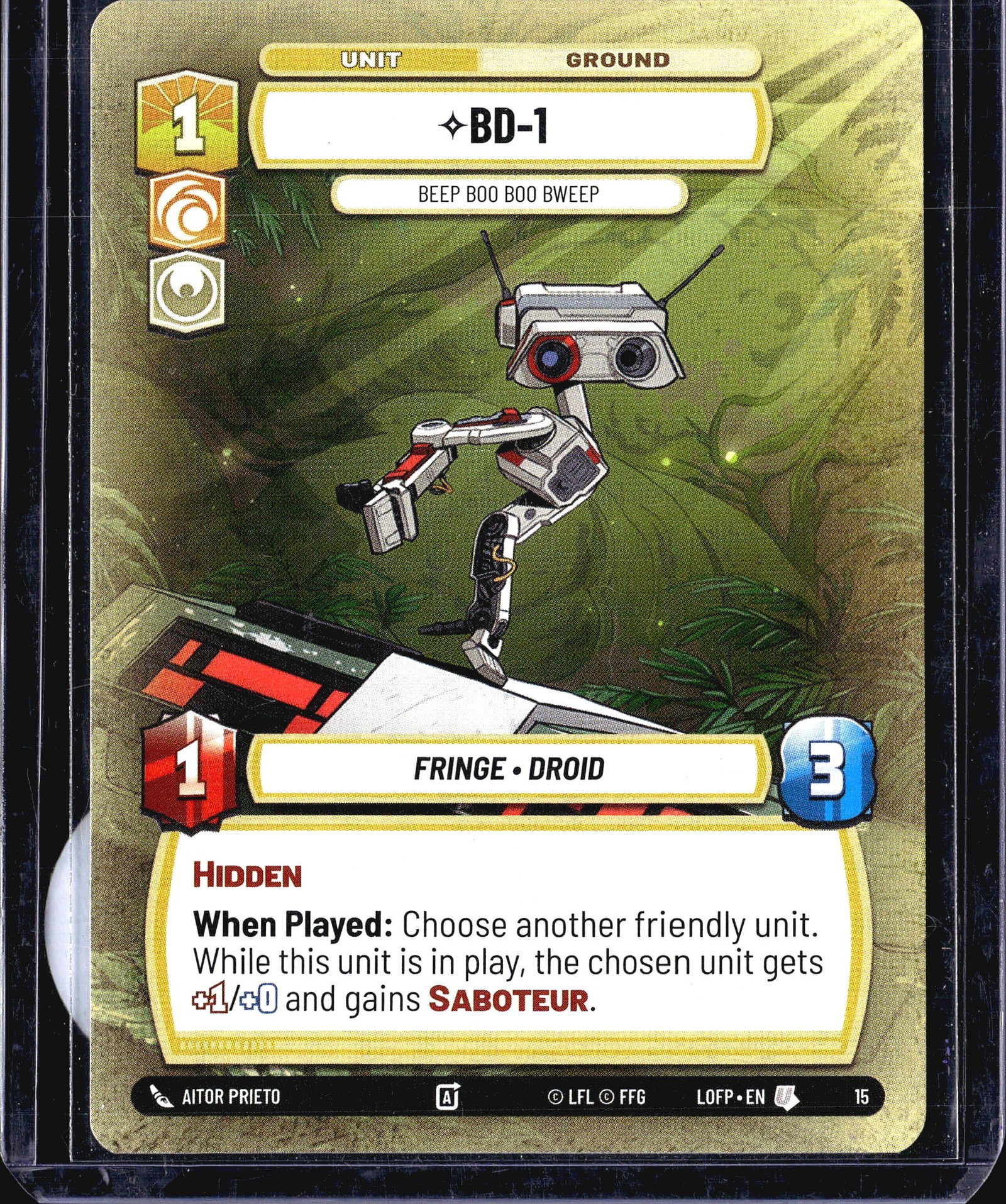2024 Fantasy Flight Games Legends of the Force: This listing is for BD-1, card #15 from the Star Wars Unlimited trading card game set League of Force and Power (LOFP). BD-1 is a Ground Unit card in the Fringe faction with the Droid subtype,