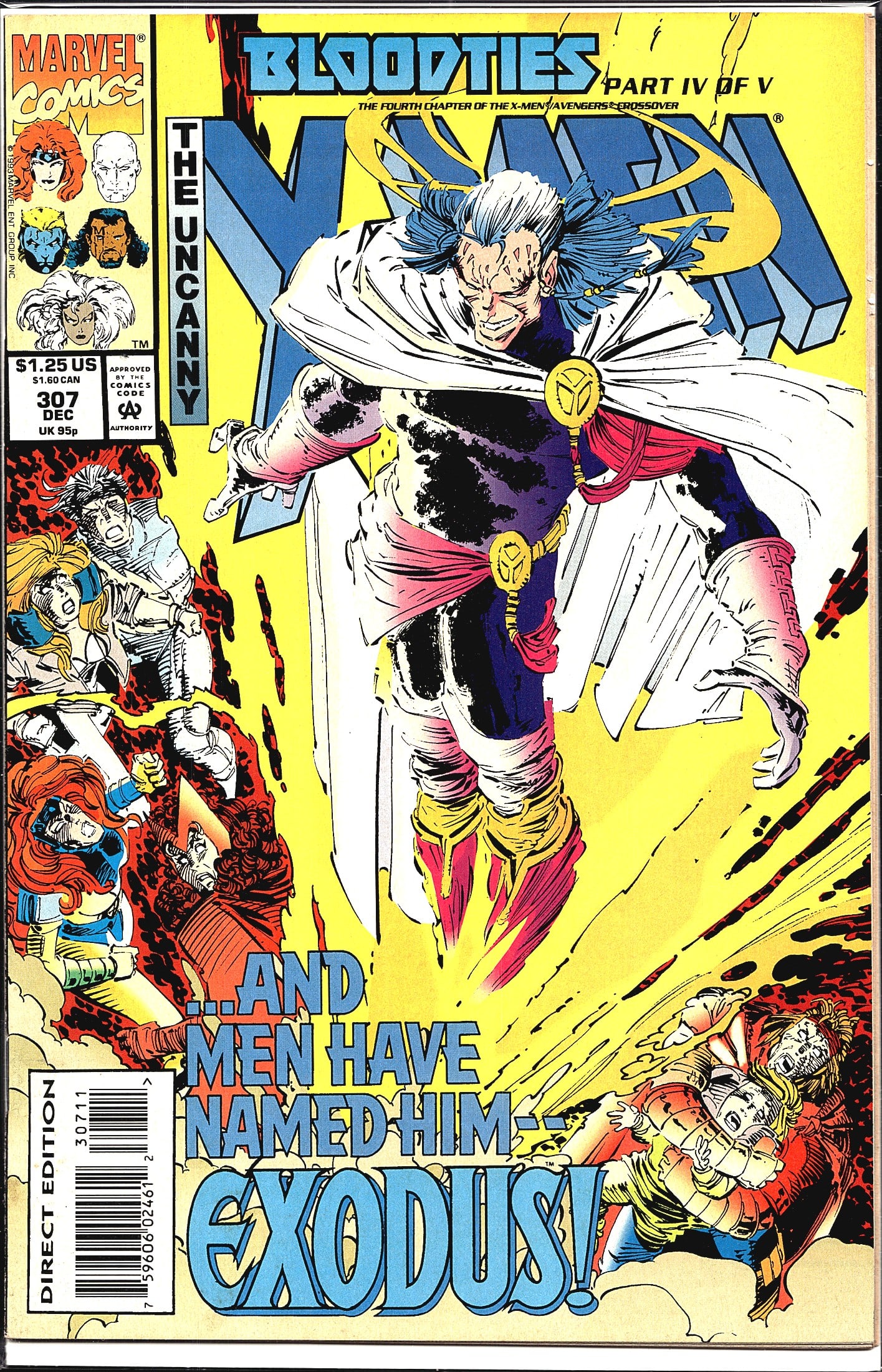 Uncanny X-Men #307 Marvel 1993 Bloodties Part IV: Uncanny X-Men #307 published by Marvel Comics, dated December 1993, priced at $1.25 US. This issue is Part IV of V of the Bloodties crossover event, subtitled 'The Fourth Chapter of the X-Men/Avengers