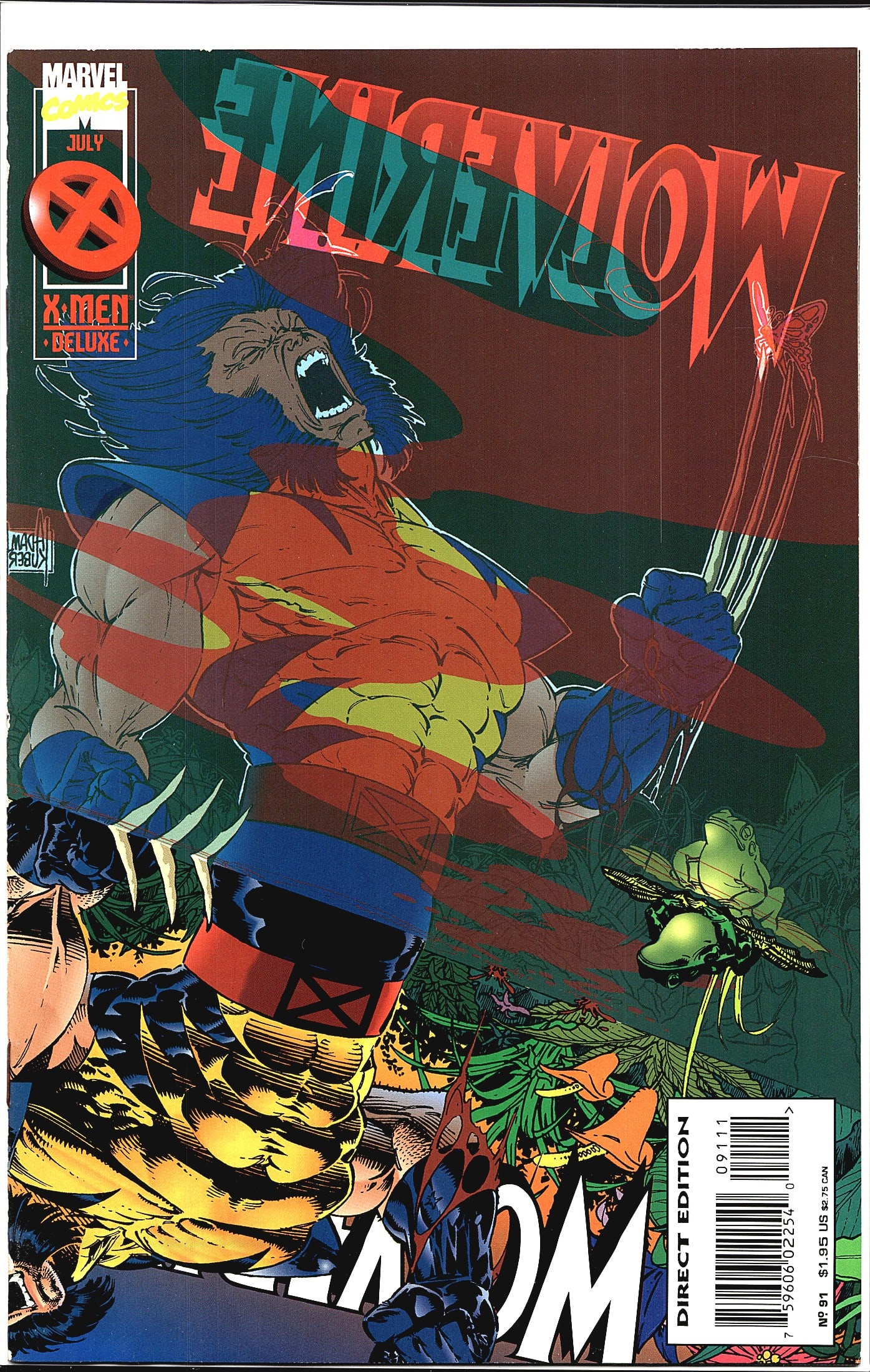 1995 Marvel Wolverine #91 Comic Card Collectible: This is Wolverine #91 published by Marvel Comics, cover-dated July 1995, part of the X-Men Deluxe line. The cover features a dynamic, painterly illustration of Wolverine in his classic yellow-and-blue