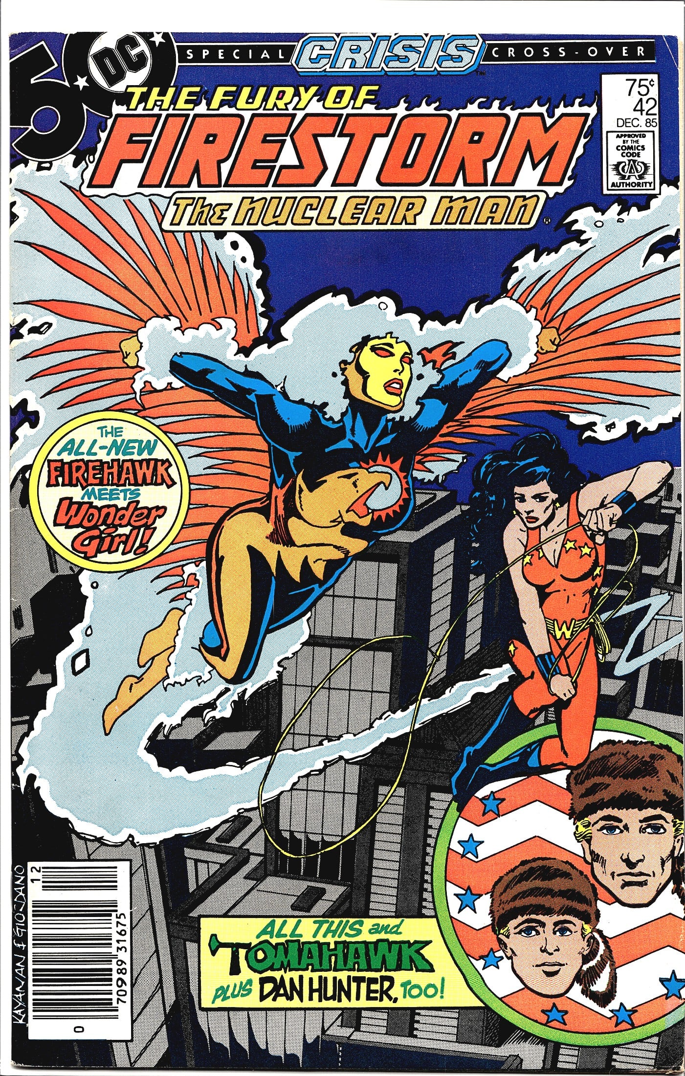 1985 DC Comics Fury of Firestorm #42 Special: This is issue #42 of DC Comics' 'The Fury of Firestorm the Nuclear Man,' dated December 1985 and priced at 75 cents on the cover. This issue is part of DC's landmark 'Crisis' special cross-over event,