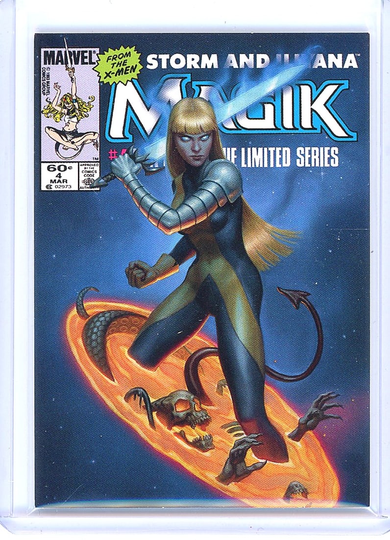 2022 Upper Deck Marvel Masterpieces #23 Magik: This is card #23 from the 2022 Marvel Masterpieces SkyBox set, featuring Magik (Illyana Rasputina) as a Variant Cover card. The front showcases artwork by Dan dos Santos reimagining the cover of
