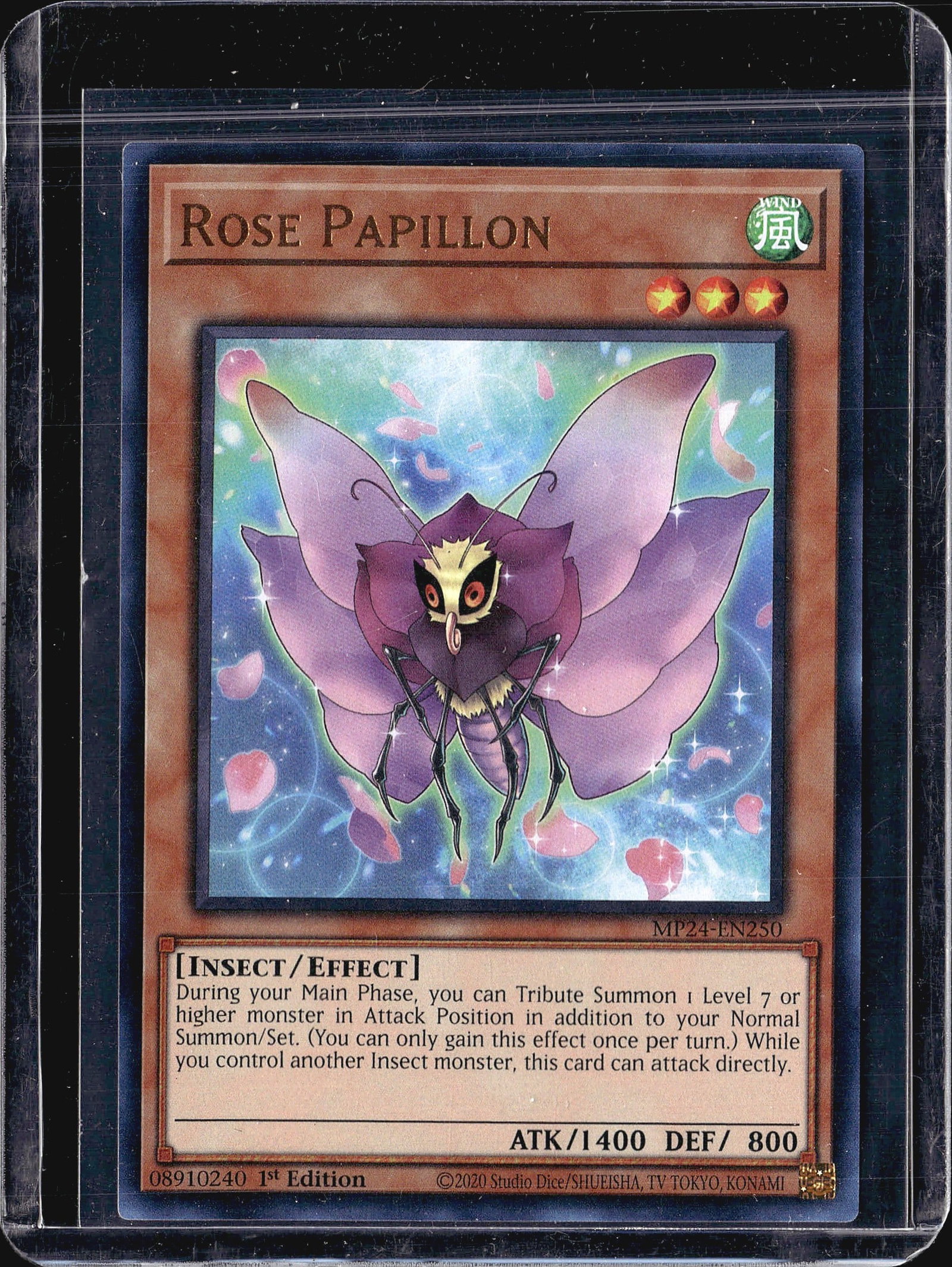 Rose Papillon MP24-EN250 2020 Konami Yu-Gi-Oh: This is a Rose Papillon card from the 2024 25th Anniversary Tin: Dueling Mirrors set by Konami, card number MP24-EN250. Originally released in 2020, this Yu-Gi-Oh trading card is presented in raw