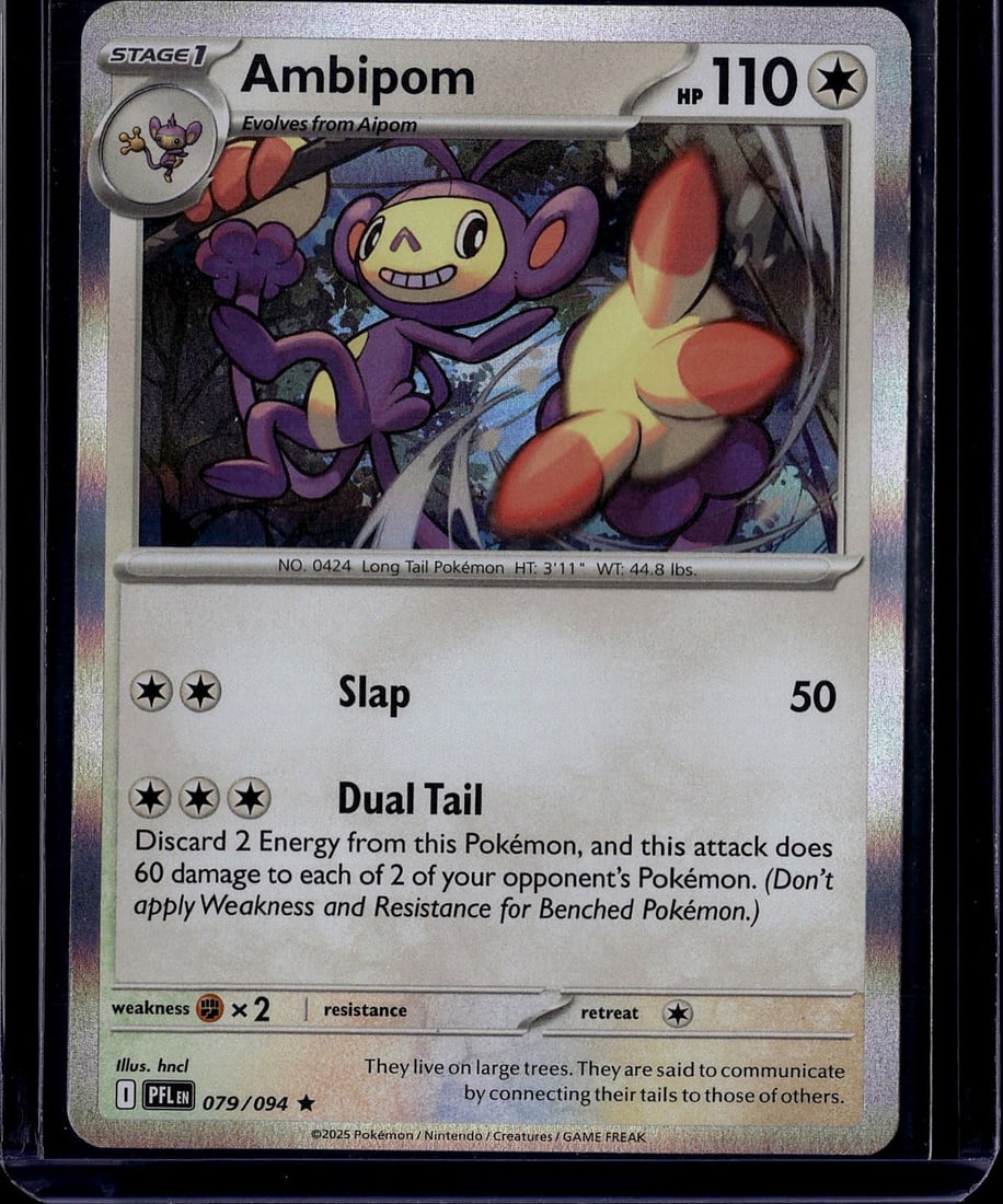2025 Pokemon Phantasmal Flames Ambipom 079/094: This is an authentic Pokemon Trading Card Game card featuring Ambipom (No. 0424), a Stage 1 Long Tail Pokemon that evolves from Aipom. The card is from the Scarlet & Violet expansion set and displays