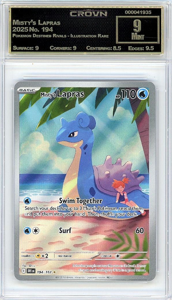 2025 Misty's Lapras Illustration Rare #194 Crown: This is a 2025 Misty's Lapras card from the Pokemon Destined Rivals set, card number 194. As an Illustration Rare variant, this card features special artwork that stands out in any collection. The