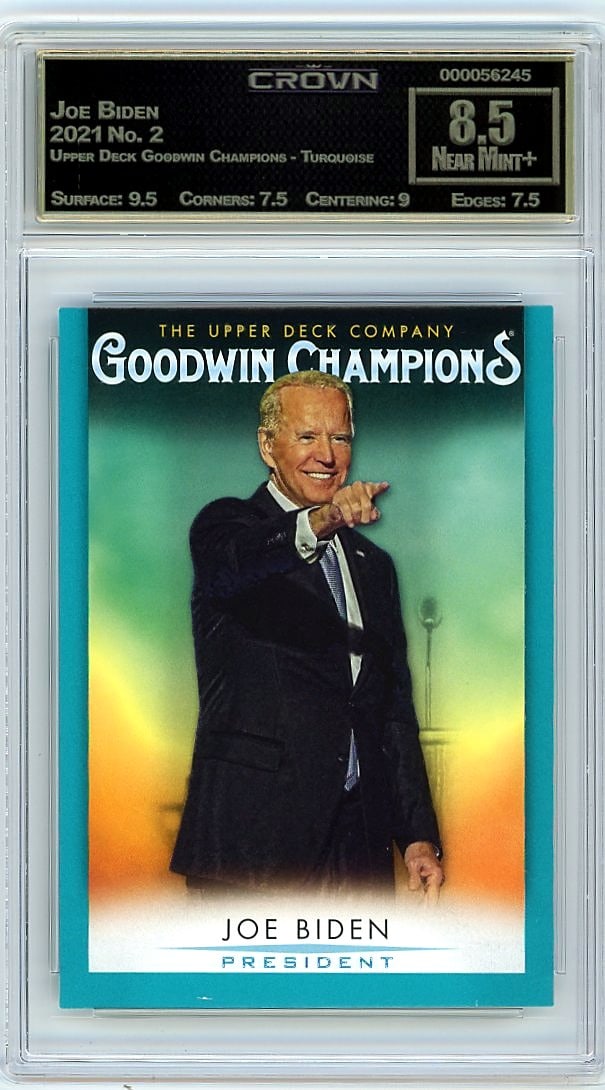 2021 Joe Biden Upper Deck Goodwin Champions: This is a 2021 Joe Biden card from the Upper Deck Goodwin Champions Turquoise set, card number 2. It captures a significant moment in modern political history on a collectible trading card platform