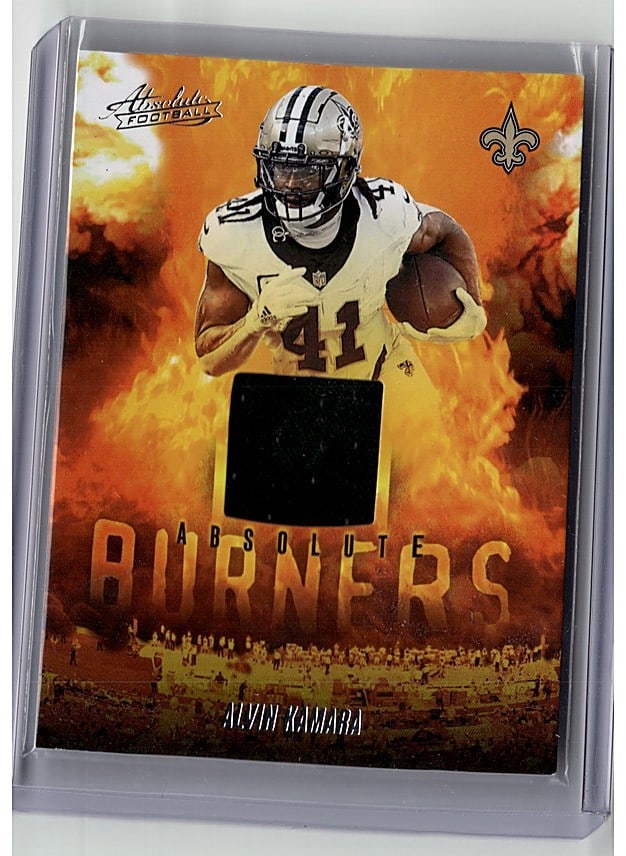 2025 Panini Absolute Burners Alvin Kamara: This is a raw sports single card from Absolute Memorabilia featuring an authentic game-used jersey swatch embedded in the card. The card showcases a player in a white football uniform holding a footba