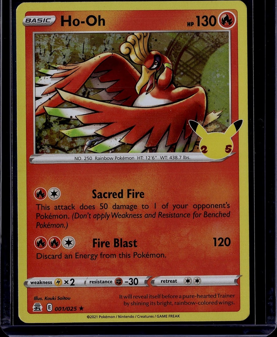Ho-Oh 001/025 Shining Fates Rainbow Pokemon Card: This is a raw Ho-Oh Pokemon card from the 2021 Shining Fates special set, card number 001/025. Ho-Oh is Pokemon No. 250, a legendary Rainbow-type Pokemon with 130 HP. The card features beautiful