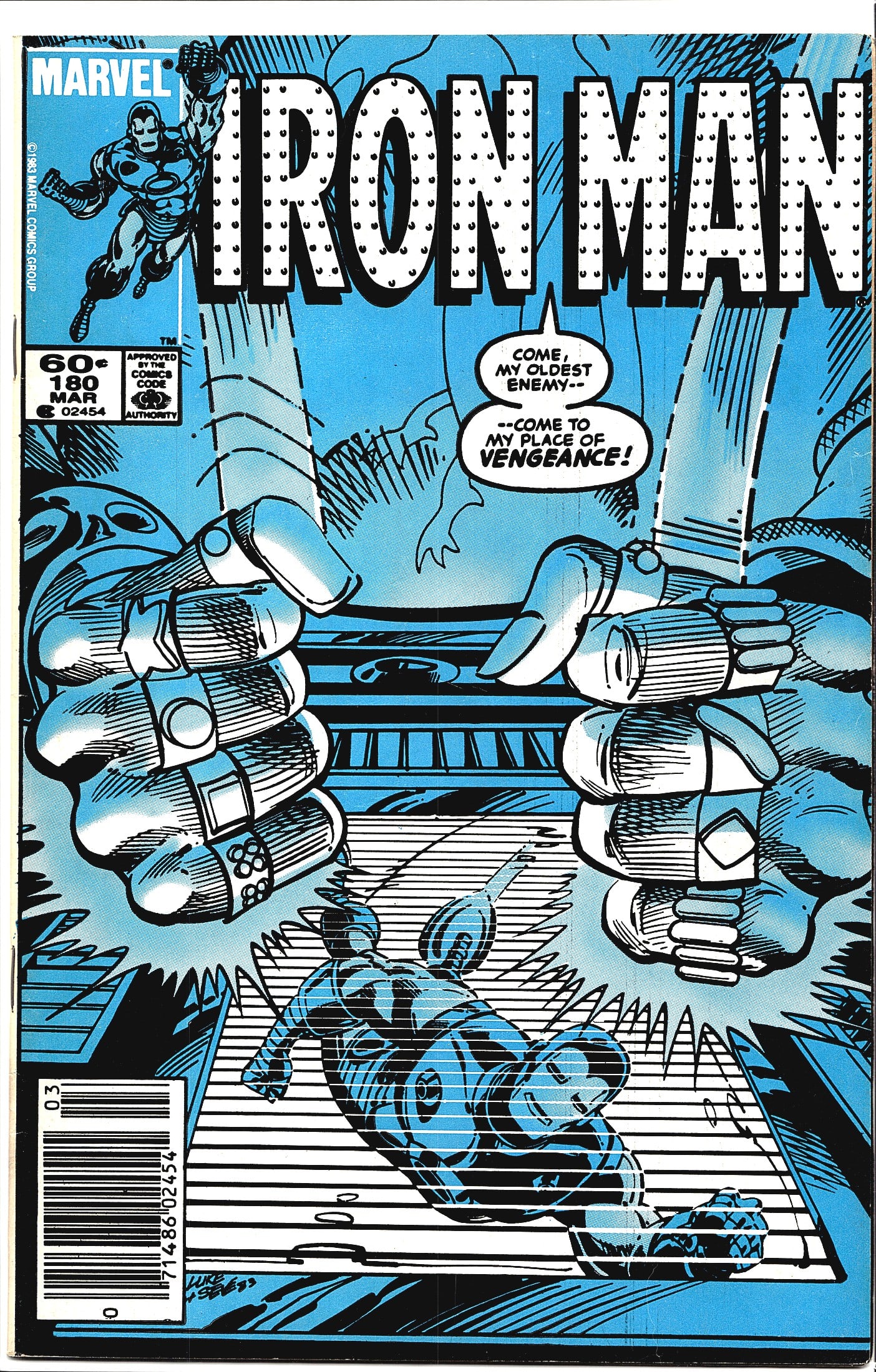 1984 Marvel Iron Man #180 Comic Book Collectible: Iron Man #180, published by Marvel Comics Group, cover dated March 1983, priced at 60 cents on the cover. This issue features a dramatic blue-toned cover illustrated by Luke McDonnell (signature visib
