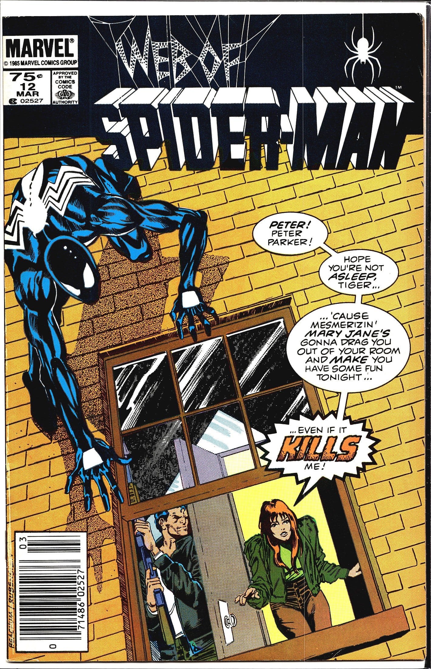 1986 Marvel Comics Web of Spider-Man #12: Web of Spider-Man #12, published by Marvel Comics in March 1986 (cover dated). This issue features Spider-Man in his iconic black symbiote costume, crawling along a brick wall exterior above a