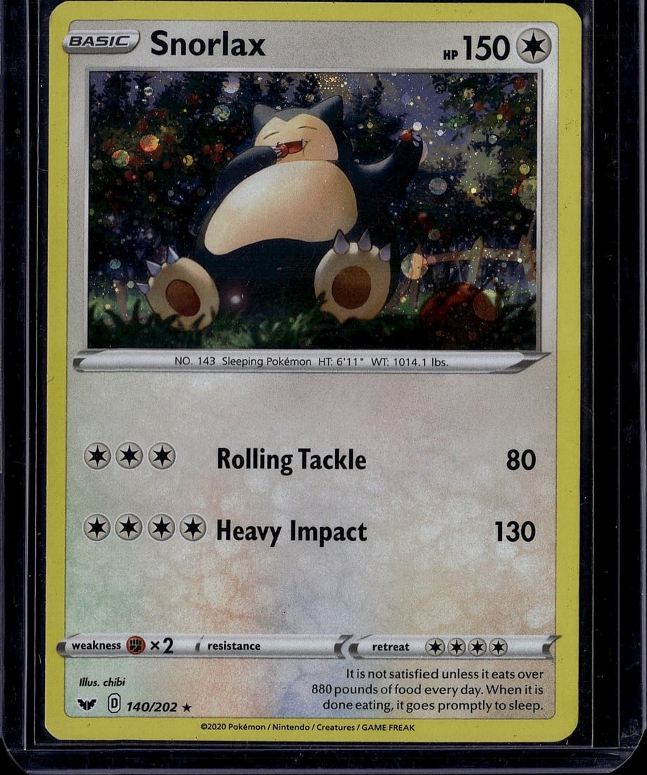 Snorlax 140/202 Pokemon Sword & Shield Holo Rare: This is a raw Snorlax Pokemon card from the Sword & Shield set, card number 140/202. As a Basic Pokemon with 150 HP, Snorlax features two attacks: Rolling Tackle (80 damage for 3 colorless energy)