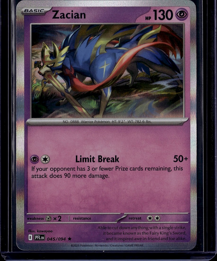 2025 Pokemon ME02 Phantasmal Flames Zacian: Zacian is a Basic Psychic-type Pokemon card with 130 HP from the Mega Evolution Series set ME02: Phantasmal Flames, released November 2025. Its attack Limit Break deals 50+ damage, doing 90 more if