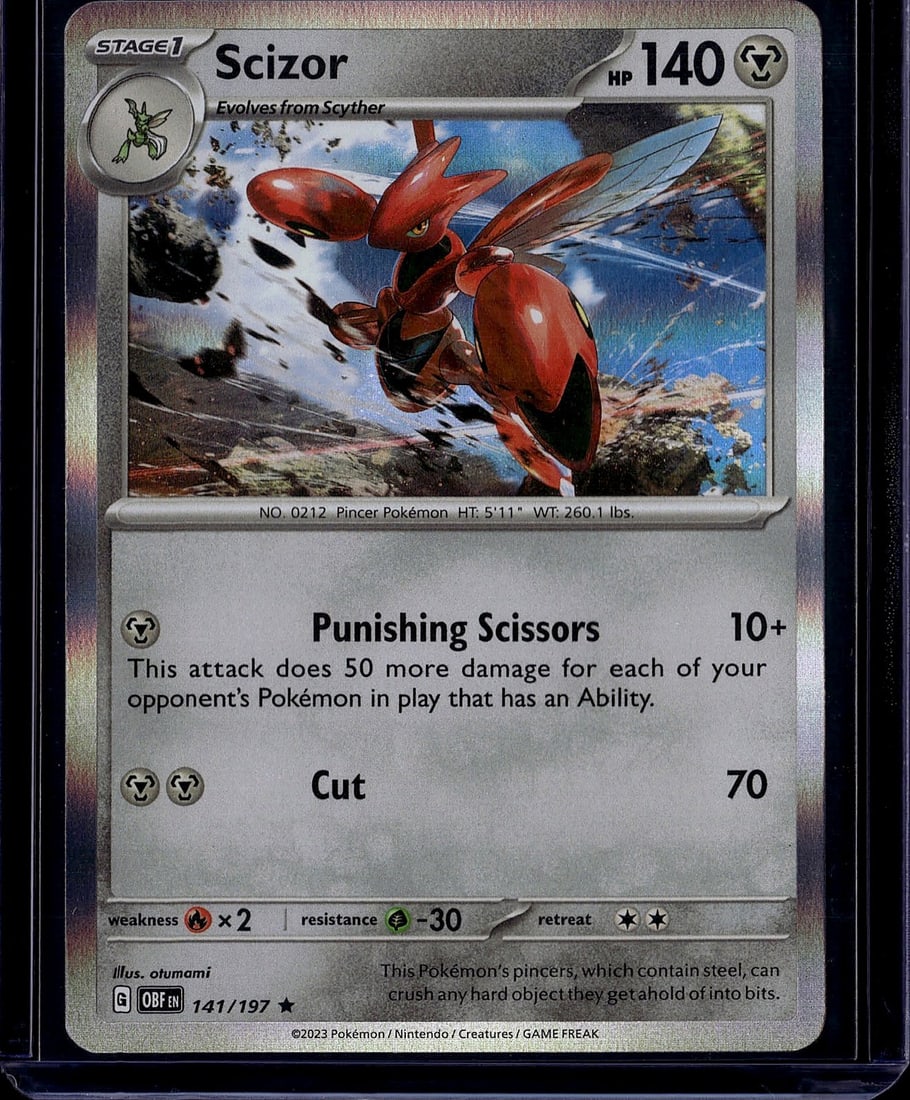 2023 Pokemon Scarlet Violet Obsidian Flames: Scizor 141/197 is a Holo Rare Stage 1 Metal-type Pokemon card from the Scarlet & Violet-Obsidian Flames set (SV03), released in 2023. It has 140 HP and features the attacks Punishing Scissors and