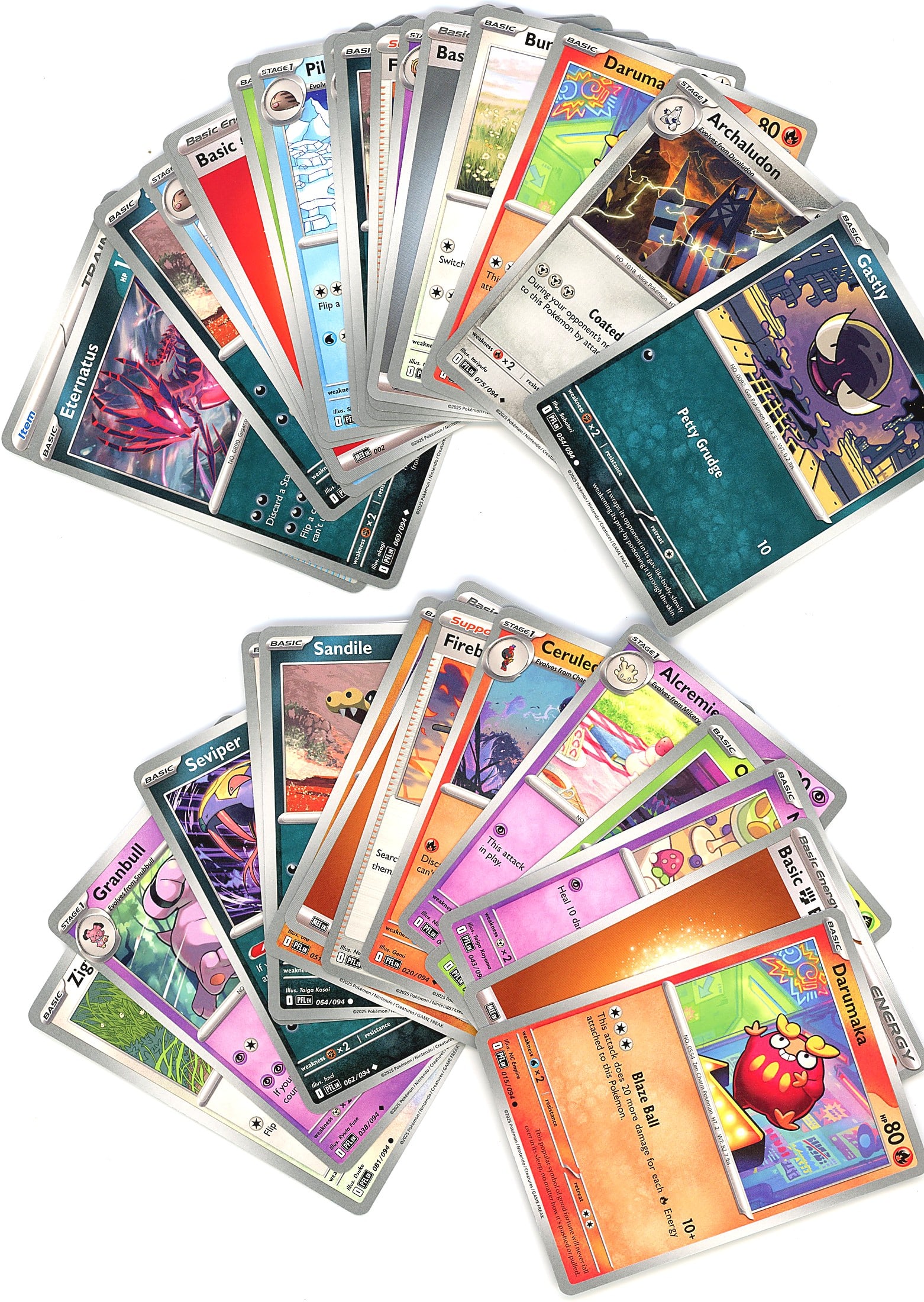 Large Lot Modern Pokemon Trading Cards TCG Bulk: This large bulk lot contains approximately 30+ modern Pokemon trading cards with non-holographic finishes. The cards feature contemporary artwork and designs from recent expansions, visible in the fan