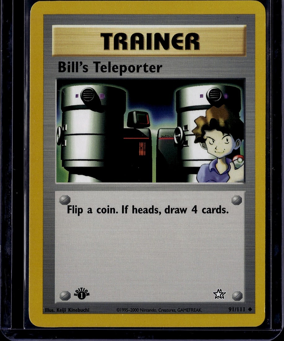 Bill's Teleporter Trainer Pokemon Card 91/111: This is an authentic Bill's Teleporter Trainer card from the 1995 Pokemon Trading Card Game base set, card number 91/111. The card features the iconic artwork by Keiji Kinebucth depicting Bill with