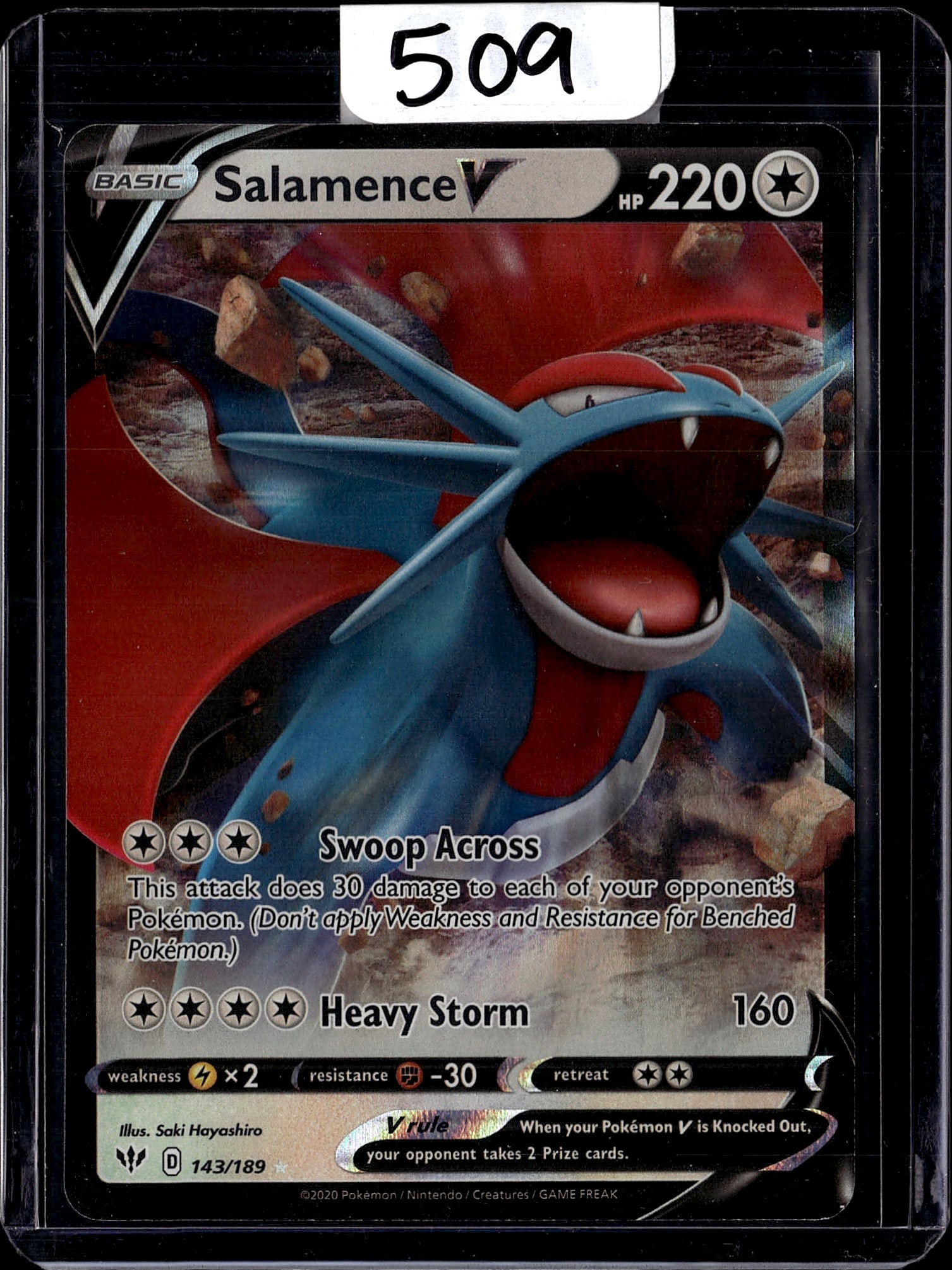 Salamence V 143/189 Sword & Shield Pokemon Card: This is a Salamence V Pokemon Trading Card from the Sword & Shield set, card number 143/189. The card features stunning artwork by Saki Hayashiro and has 220 HP with a Basic type designation. Salamenc