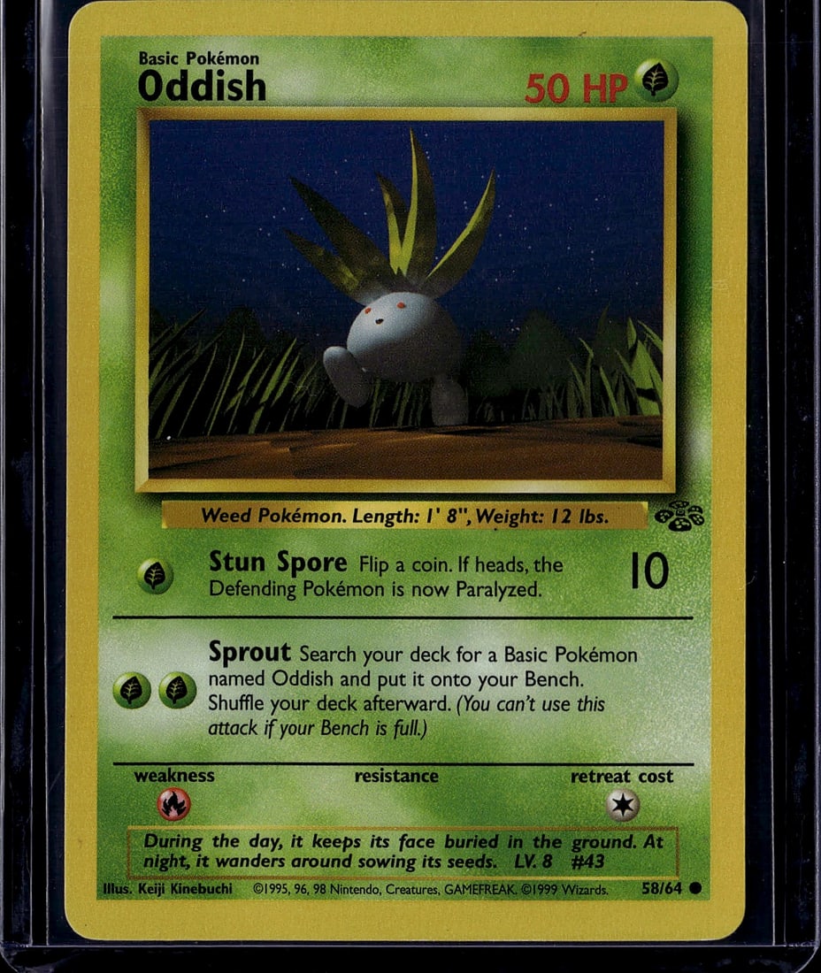 1999 Pokemon Base Set Oddish #58/64 Card - Weed: This is an authentic 1999 Pokemon Trading Card Game Base Set Oddish card (#58/64), a fundamental Grass-type Weed Pokemon from the earliest era of the TCG. Oddish features the iconic artwork by Keiji