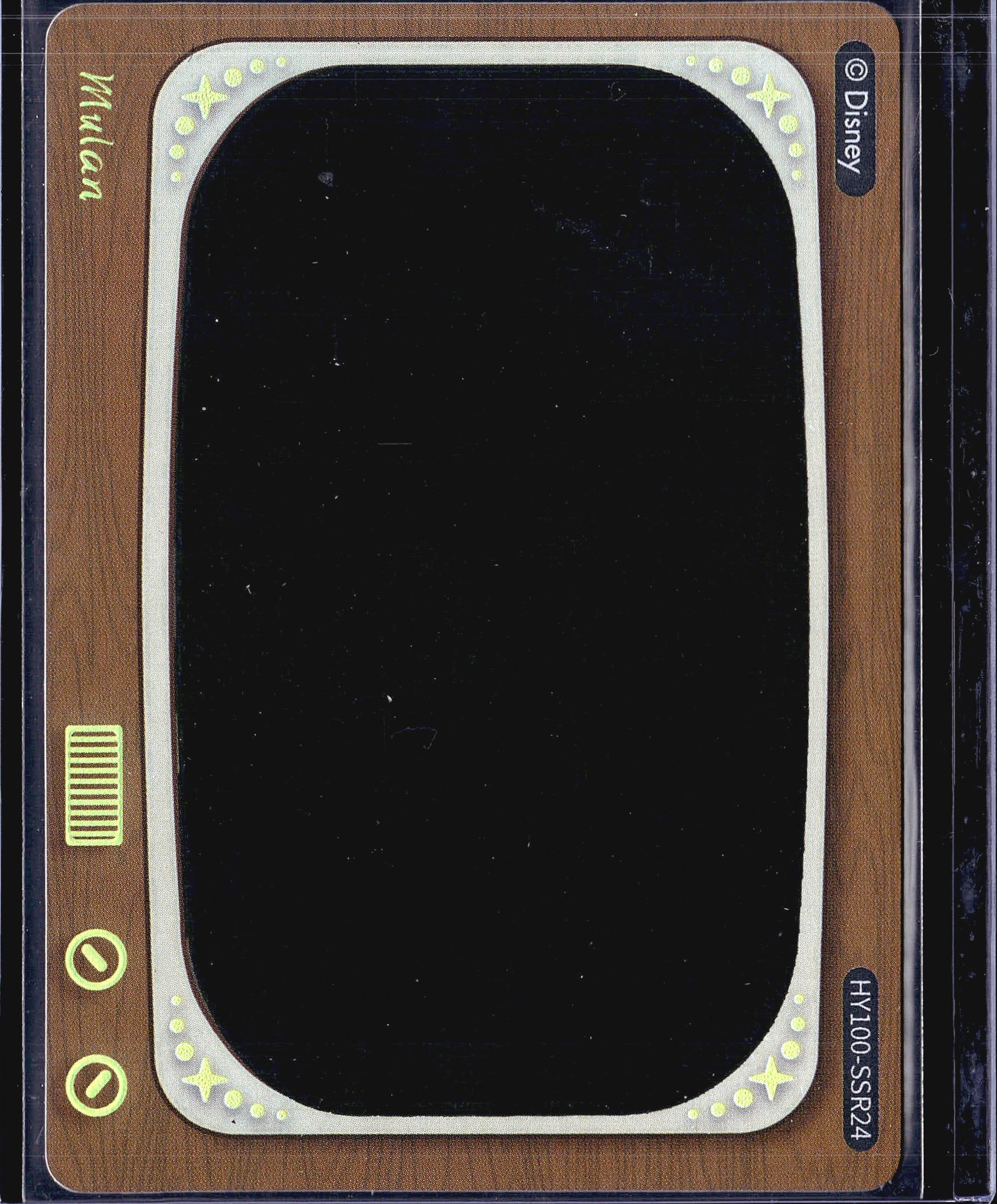 2023 Card Fun Disney 100 Heat Activated Mulan: This is a 2023 Card Fun Disney 100 Heat Activated Movie Scenes card featuring Mulan, numbered HY100-SSR24. The card is designed to resemble a vintage television set with a wood-grain border, decorativ