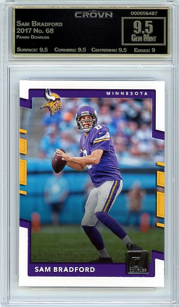 2017 Sam Bradford Panini Donruss #68 PSA 9.5 Gem: This is a 2017 Sam Bradford card from the Panini Donruss set, card number 68. It has been professionally graded and authenticated, offering collectors a verified piece of sports trading card