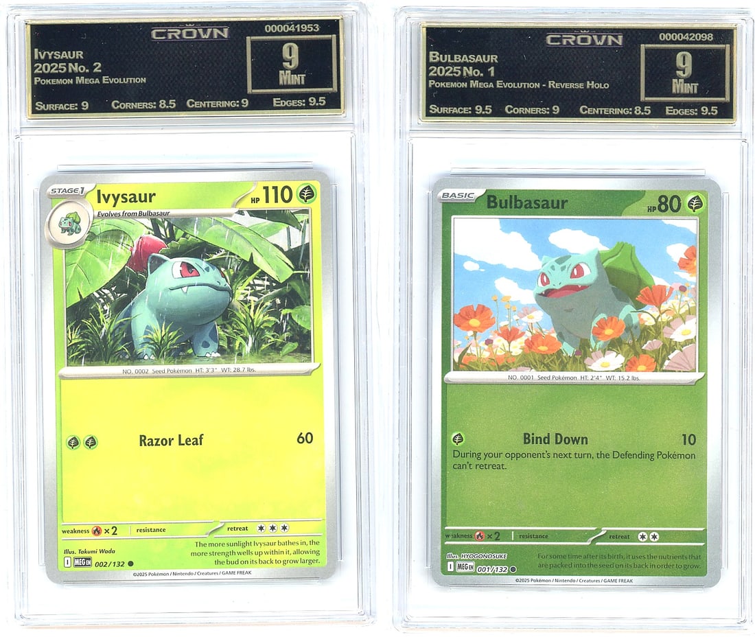 2026 Pokemon Mega Evolution Day Bulbasaur: This listing features two professionally graded Pokemon Mega Evolution cards from the 2025 set, both encapsulated in Crown Grading slabs and awarded a grade of 9 Mint. The first is Bulbasaur #001/132 
