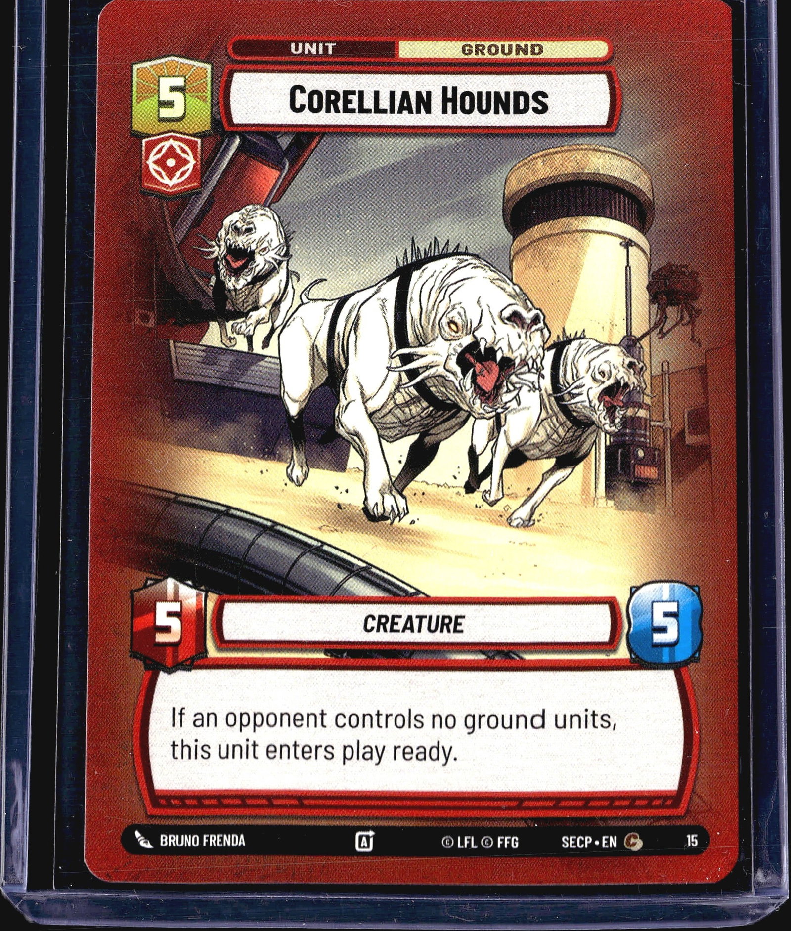 2024 FFG Star Wars Unlimited Secrets of Power: This listing is for the Corellian Hounds (#15) from the Star Wars Unlimited trading card game, set code SECP. It is a Unit - Ground type card with the Creature subtype, featuring a power of 5 and HP