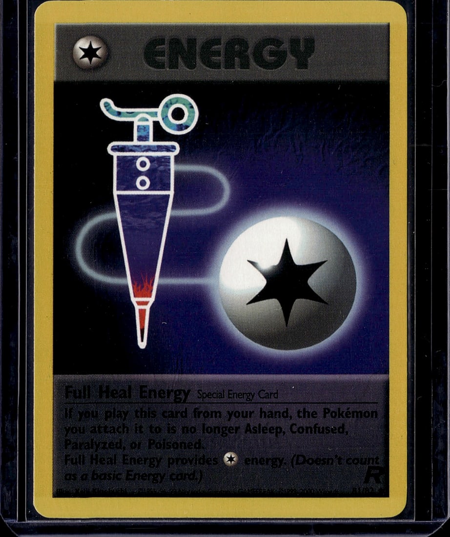 Full Heal Energy Special Energy Card Pokemon Neo: This is a Full Heal Energy special energy card from the Pokemon Trading Card Game Neo Genesis set. The card features iconic Pokemon TCG artwork with a syringe-themed design and glowing orb with a
